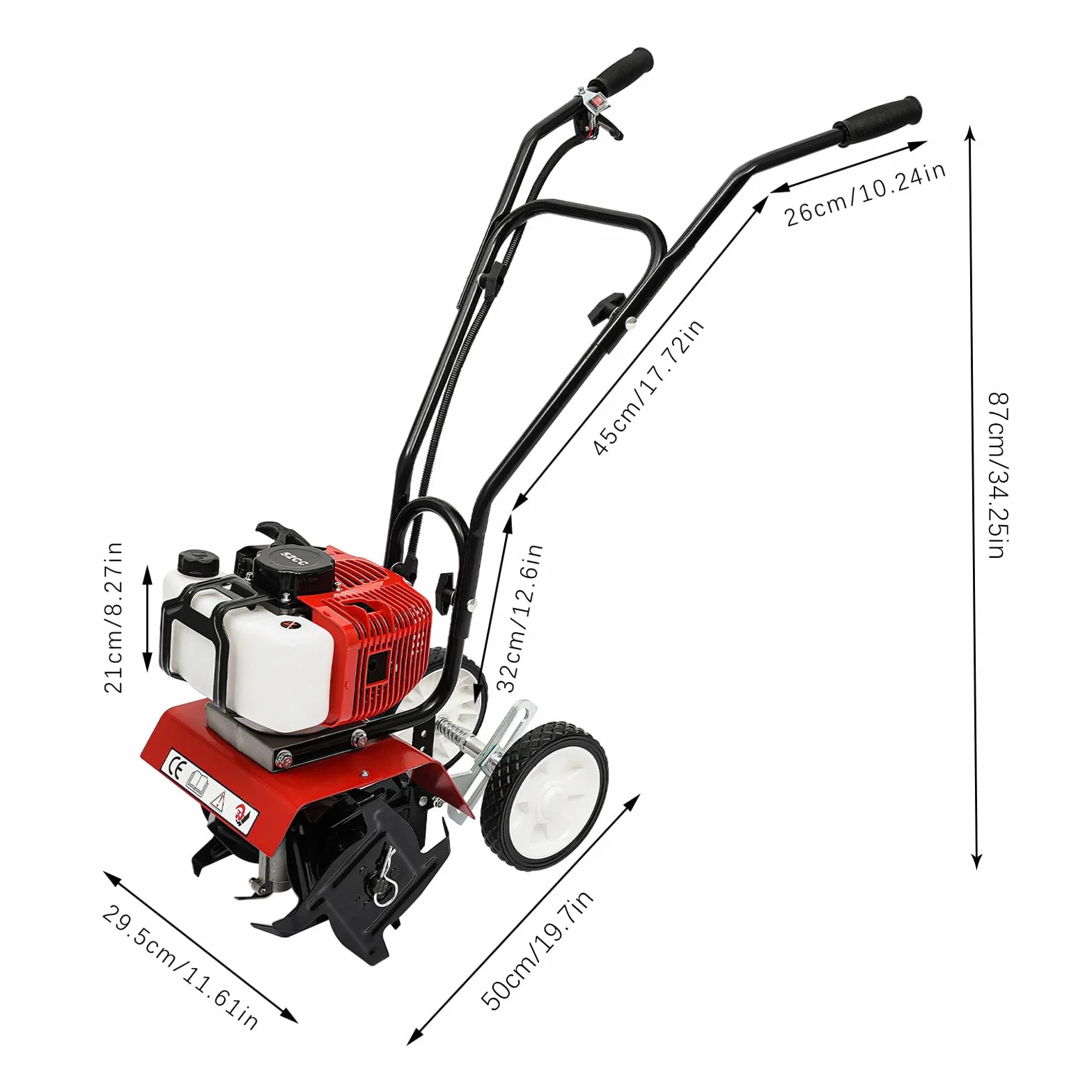 52cc Garden Rotavator 1700w Soil Cultivator Powerful 2 Stroke Air Cooled Garden Petrol Tiller 7000rpm Cultivator Rotovator Portable Lawn Soil Digging Eliminación de malas hierbas