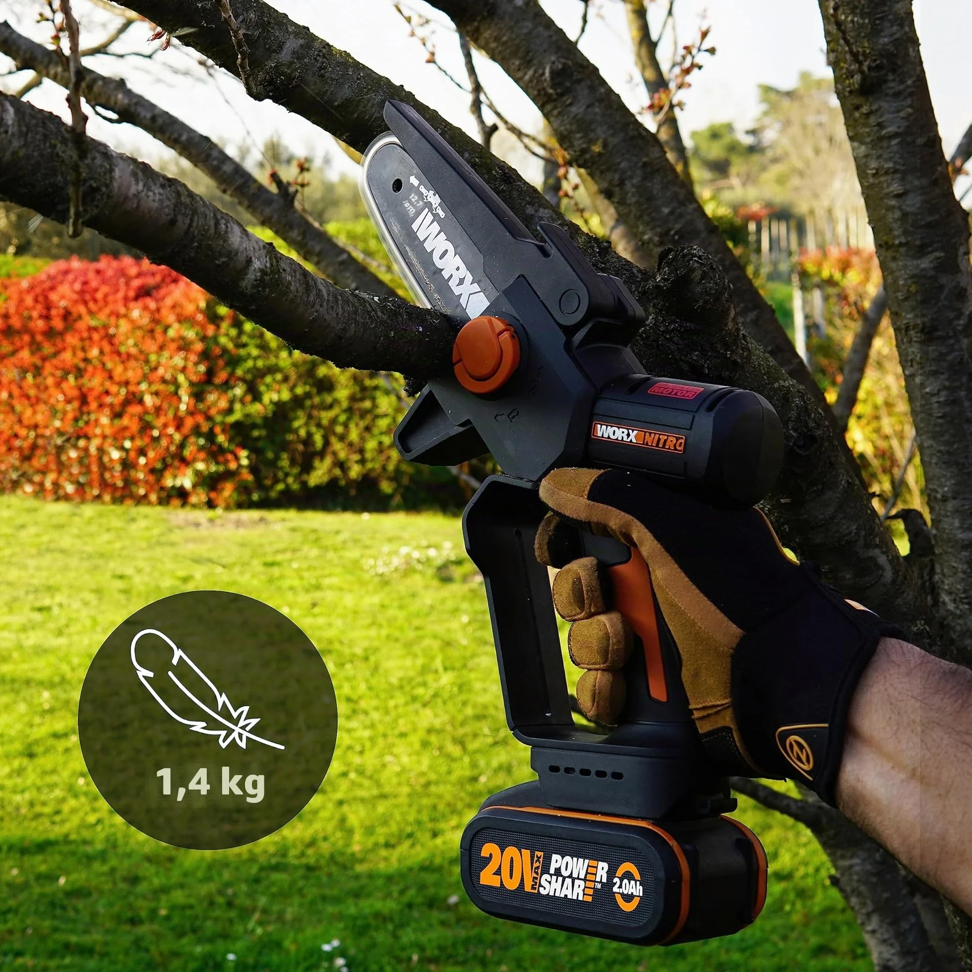 WORX WG325E Mini motosierra 20V 2Ah, con batería y cargador, una mano, motor brushless, espada 12cm, lubircación automática, para jardinería y poda