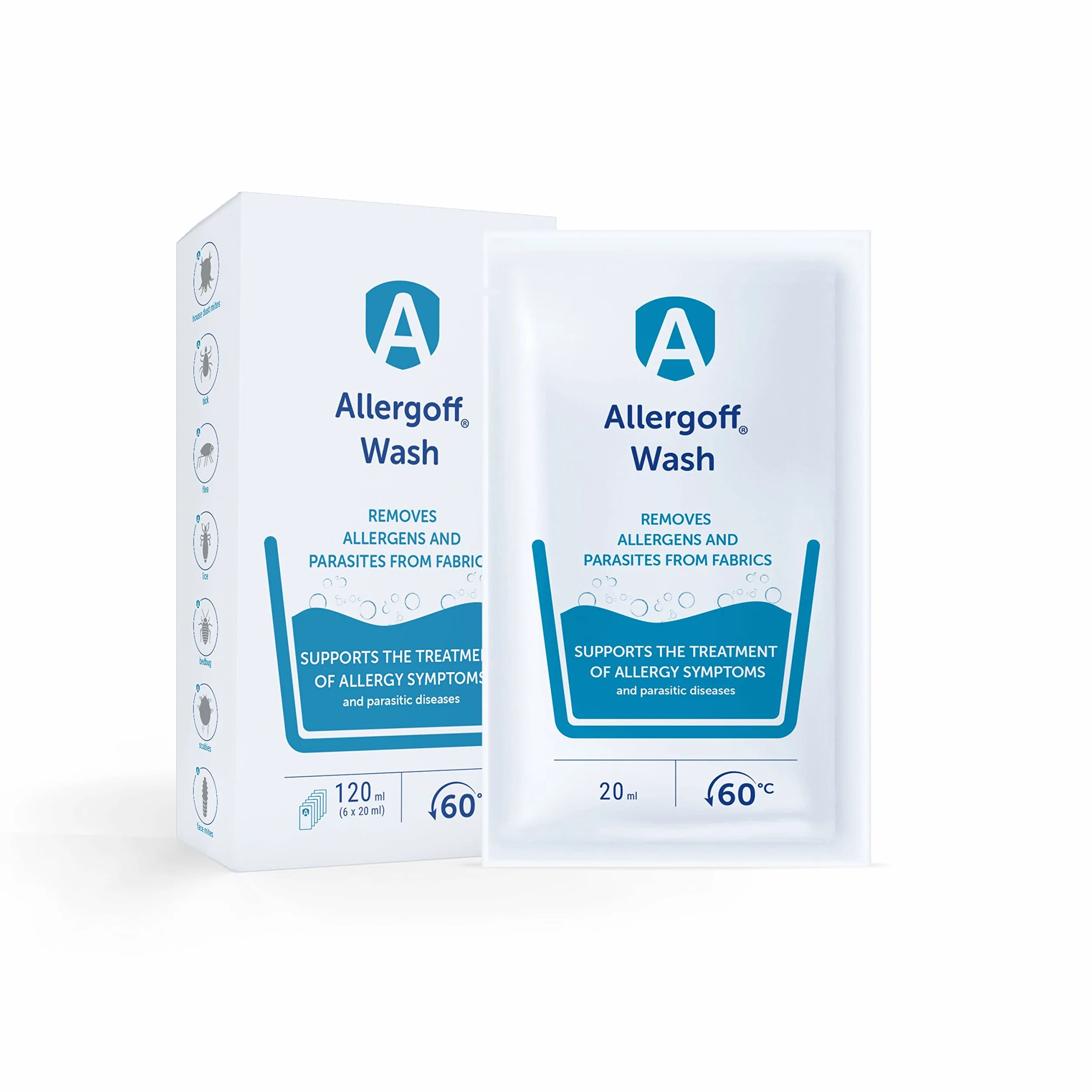 Allergoff Detergente para Ácaros, Pulgas, Piojos y Chinches - Aplicación Previo al Lavado - Complemento para Spray de Ácaros para Colchones (6 Gel de 20ml) (el empaque puede diferir)