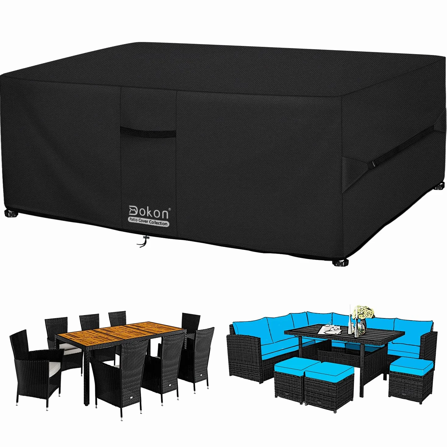Dokon Funda para Muebles de Jardín Impermeable Funda Protectora Mesa Exterior con Salidas de Aire, Anti Viento, Anti UV Tela Oxford 420D Cubierta Muebles Terraza, Rectangular (250x210x90cm) - Negro
