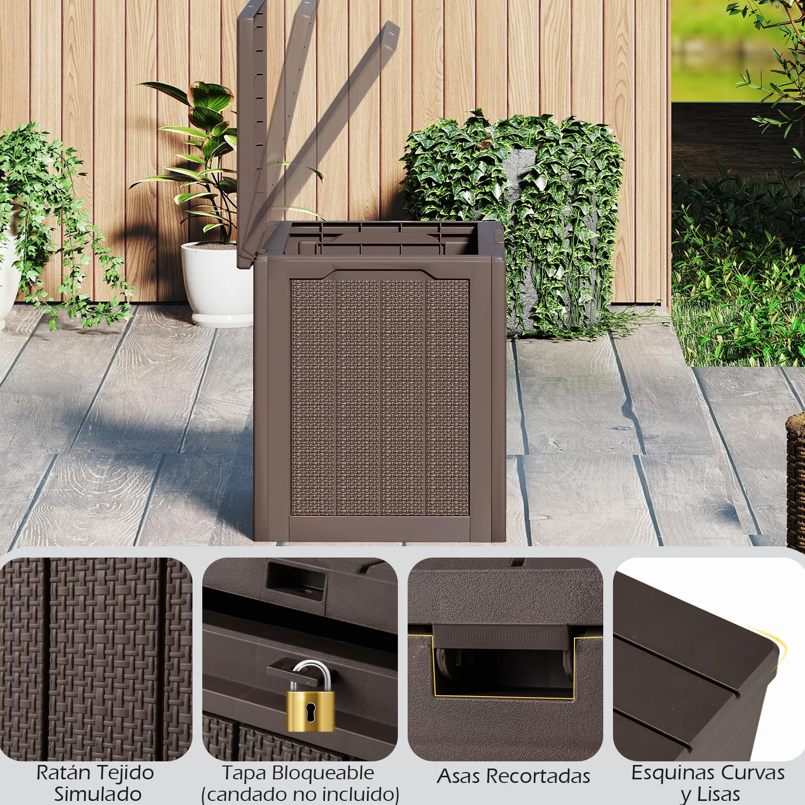 COSTWAY Arcón Jardin Exterior 96L, PP, Baul Almacenaje Exterior con Tapa Cerradura, Caja de Almacenamiento para Patio, 56 x 41 x 50,5 cm, Carga 150kg Terraza Balcón (café)