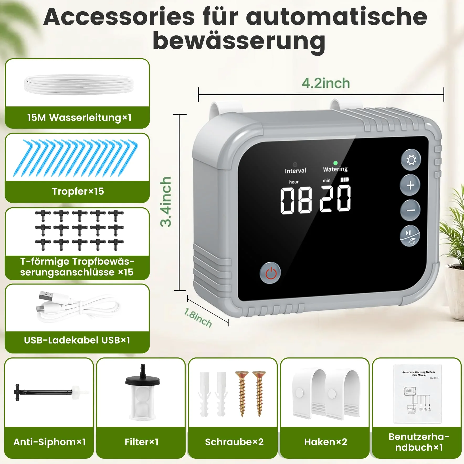 Sistema de riego automático de riego por goteo para riego de plantas interior, pantalla LCD, suministra hasta 15 macetas, 350 modos para vacaciones, balcón