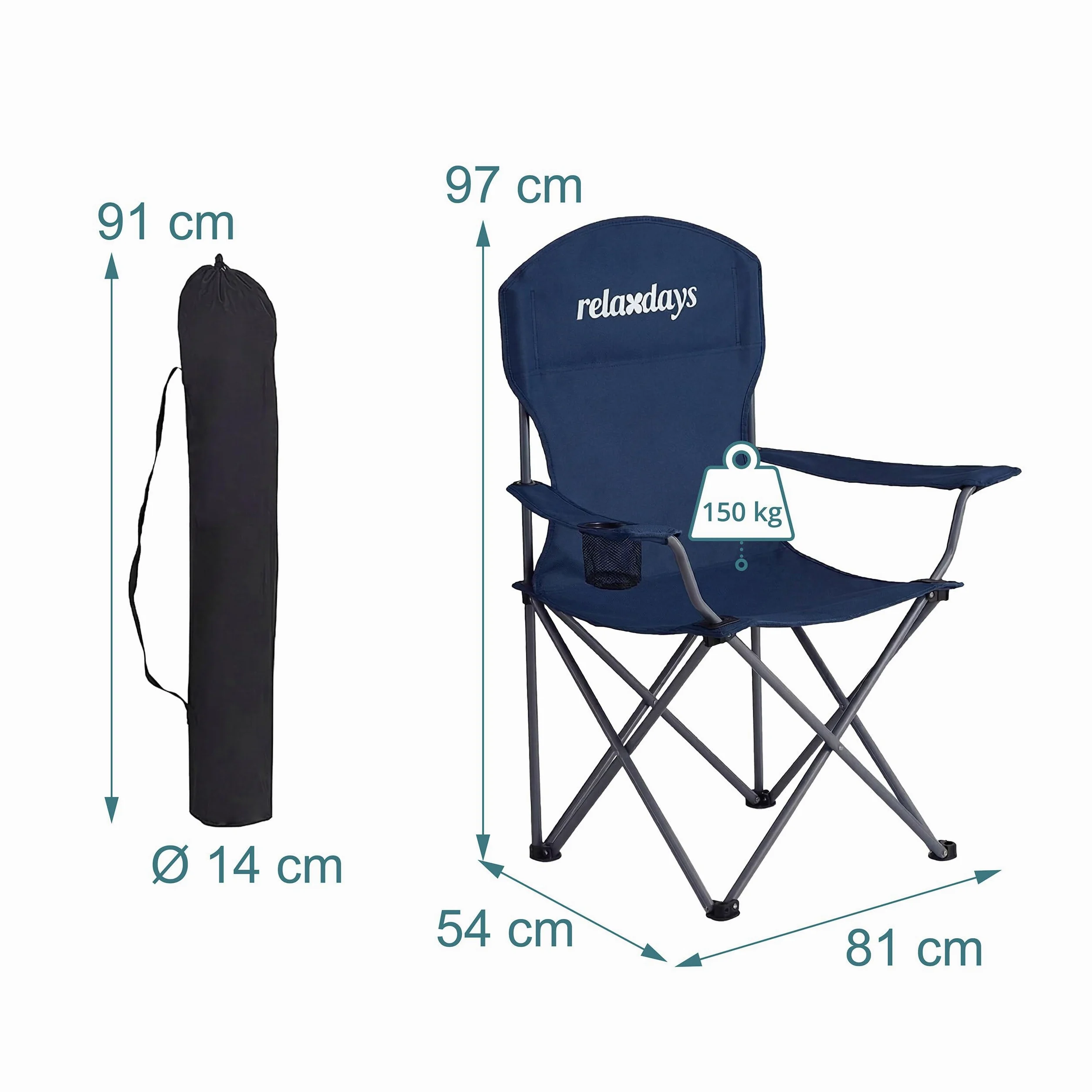 Sillas de Camping Relaxdays, Pack de 2, Plegables, Bolsa de Transporte, portavasos, 150 kg, poliéster, Metal, Azul