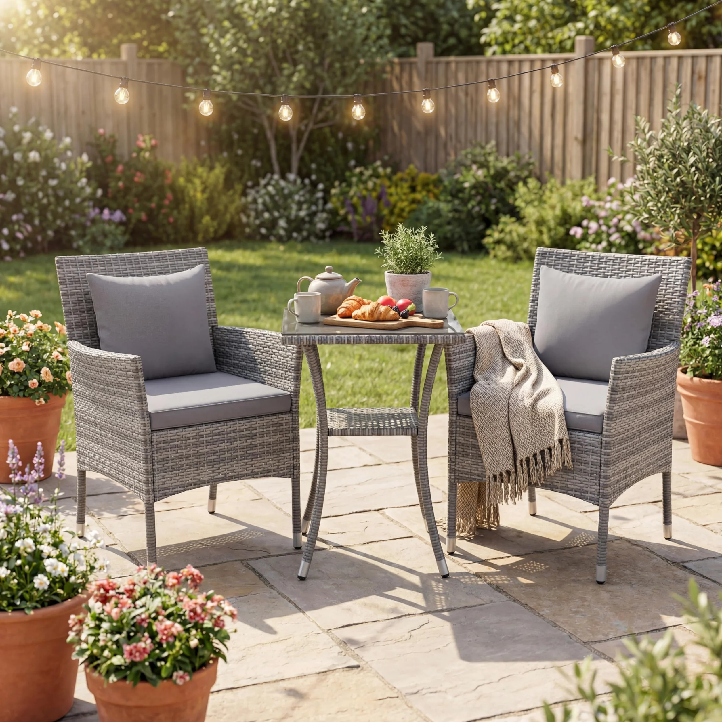 GIANTEX Juego de Muebles de Jardín 3 Piezas, 2 Sillones con Cojines y 1 Mesa con Tablero de Cristal, Conjunto de Muebles de Ratán para 2 Personas, Juego de Bistró para Balcón, Patio (Gris)