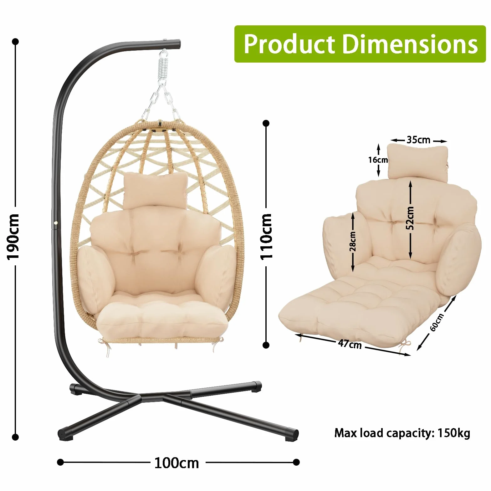 Silla Colgante con Estructura, Silla Colgante Huevo con Reposapiés, Desmontable Cojines Gruesos, Sillon Colgante para Interior & Exterior, Egg Chair Jardín, Balcón, Terraza, Hasta 150 kg - Beige