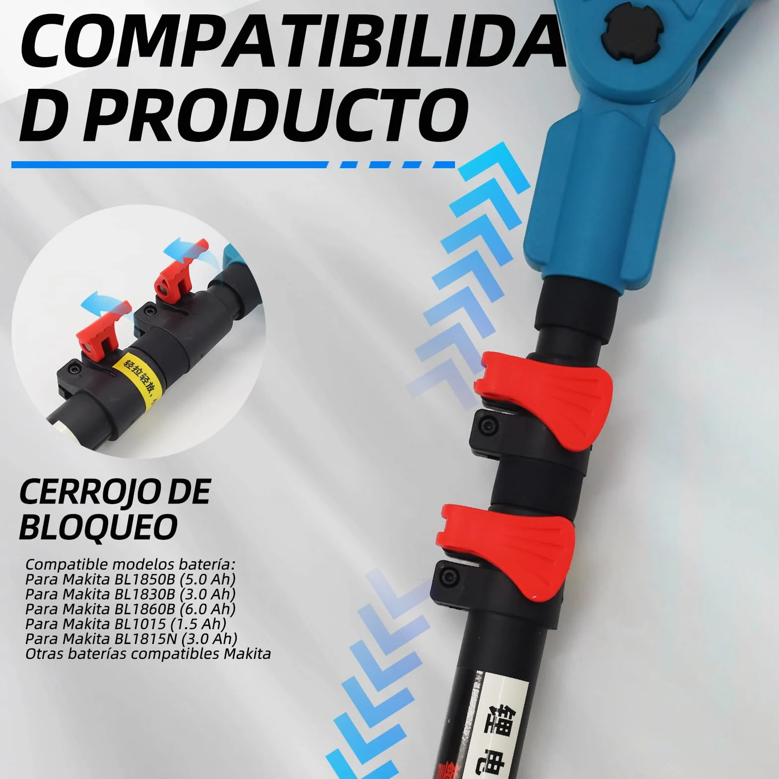 Pértiga telescópica ANEELV para tijeras de podar y sierras eléctricas – Extensible 1,2-2,5 m, cabezal 90°, altura 4,6 m – Compatible con Makita 18V
