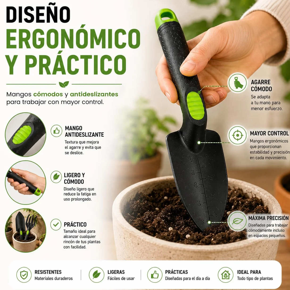 Kit 5 Herramientas de jardinería Resistente de Fibra de Vidrio Ideal para jardín, huerto Urbano o terraza | Kit jardineria Completo Que Incluye: Pala, Rastrillo, Azada, Tijeras de Podar y Guantes.