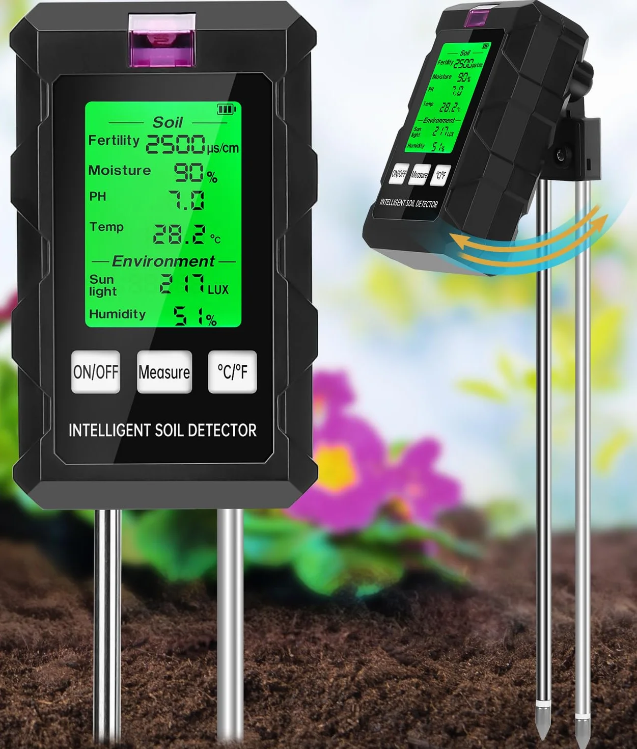 WADEO Medidor de pH del Suelo, Medidor de Suelo 6 en 1, fertilidad del Suelo/Humedad/ph/Temperatura/Sol/Humedad Ambiental, con Doble sonda y Pantalla LCD retroiluminada, para la Granja/jardín/césped