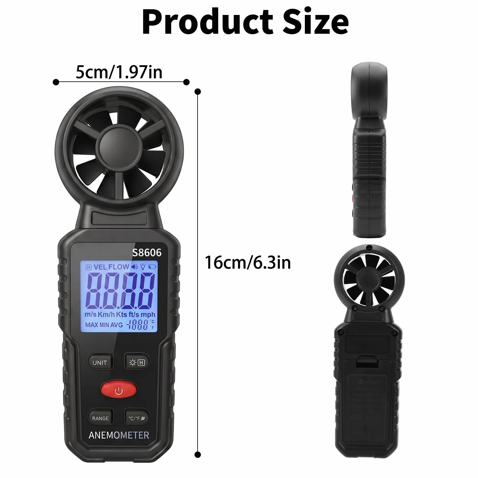 Anemómetro Digital Portátil 3 en 1 con Pantalla LCD Retroiluminada, Medidor de Velocidad del Viento, Temperatura y Flujo de Aire, Funciones MAX/MIN/AVG, para Navegación, Drones, Surf y Pesca