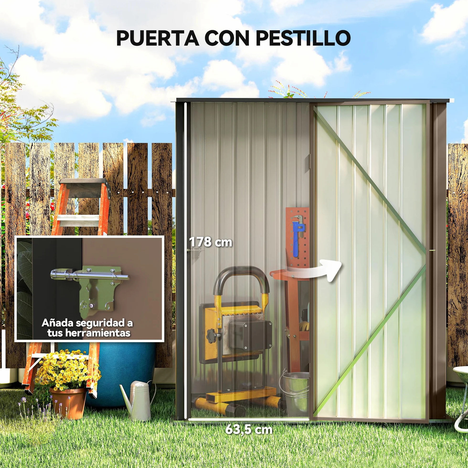 Outsunny Cobertizo de Jardín Exterior 1,34 m² 161,5x94,5x196 cm Caseta de Jardín Exterior Metálica con 1 Puerta y Cerradura para Almacenamiento de Herramientas para Patio Terraza Marrón