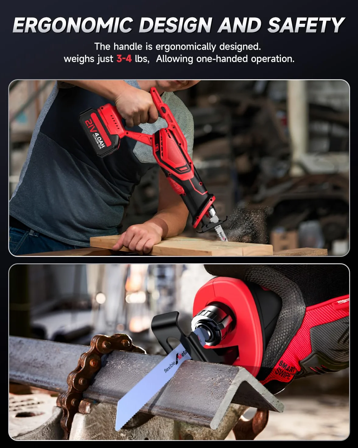 XIAZIR Sierra Sable Inalámbricas, Motor Brushless 3500 CPM, podadora 2×21V 4000mAh Baterías de Alto Rendimiento, Juego de 8 Hojas para Madera, Metal, PVC y Plástico, Sierra Recíproca Portátil