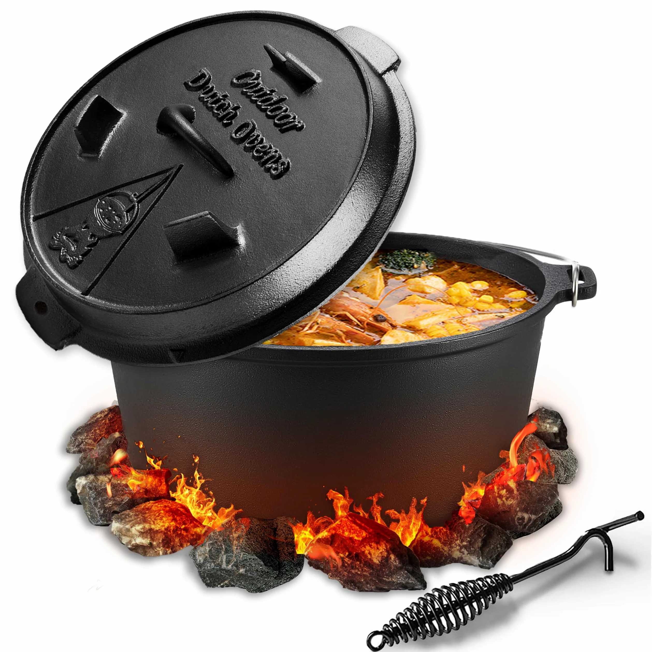 Horno holandés de 6 litros, olla de horno holandés con elevador de tapa, olla de hierro fundido con tapa de doble función, para exterior e interior, color negro