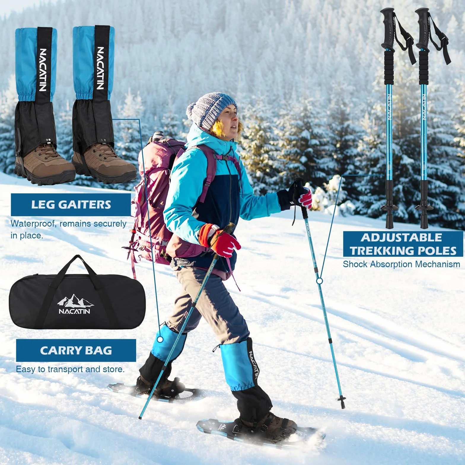 Raquetas de Nieve 4 en 1 Aluminio Ligeras con Bastones Ajustables, Polainas Impermeables y Bolsa - Azul 63cm
