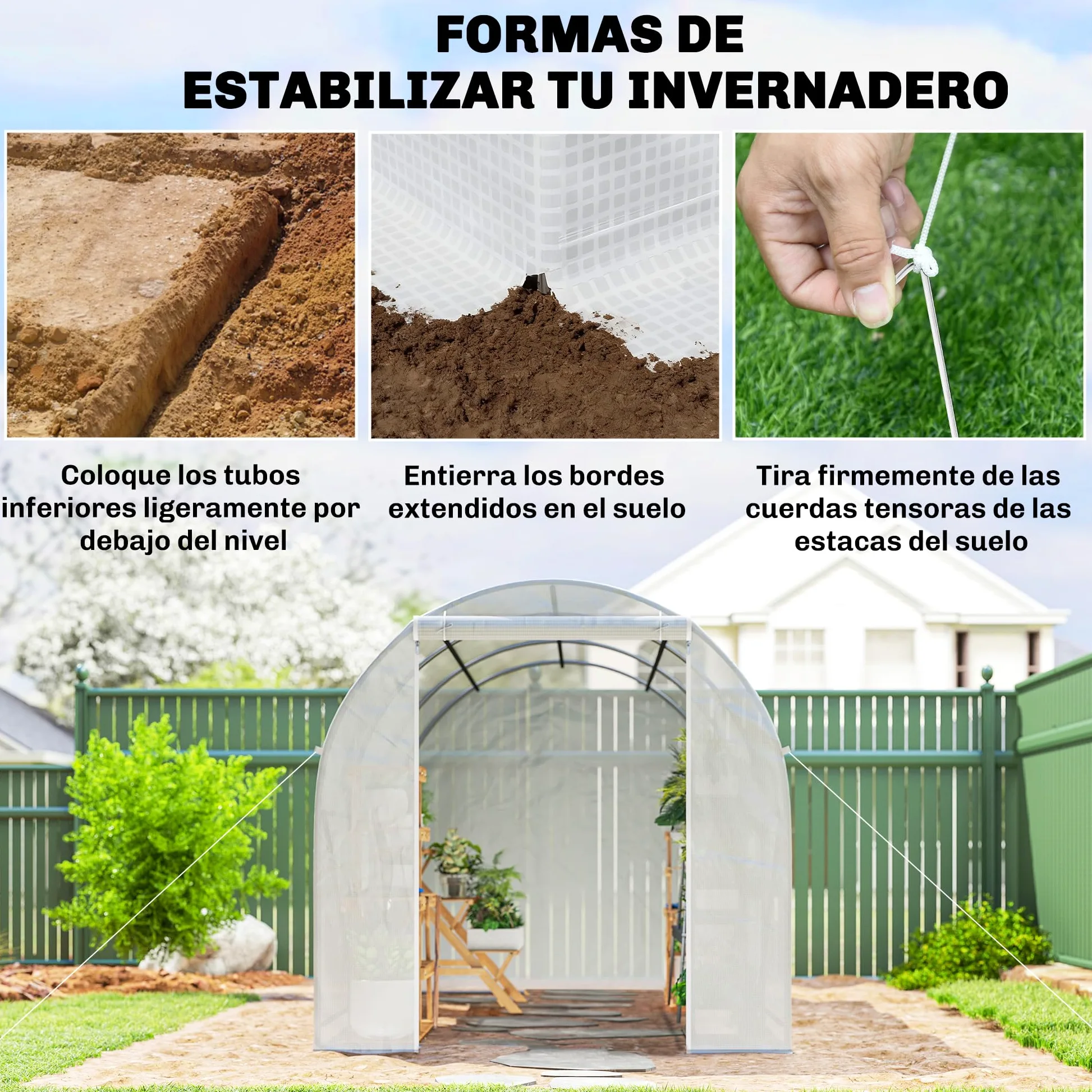Outsunny Invernadero de Exterior 3,5x2x2 m Túnel con 6 Ventanas de Malla Puerta Enrollable Cremallera Anti-UV Blanco