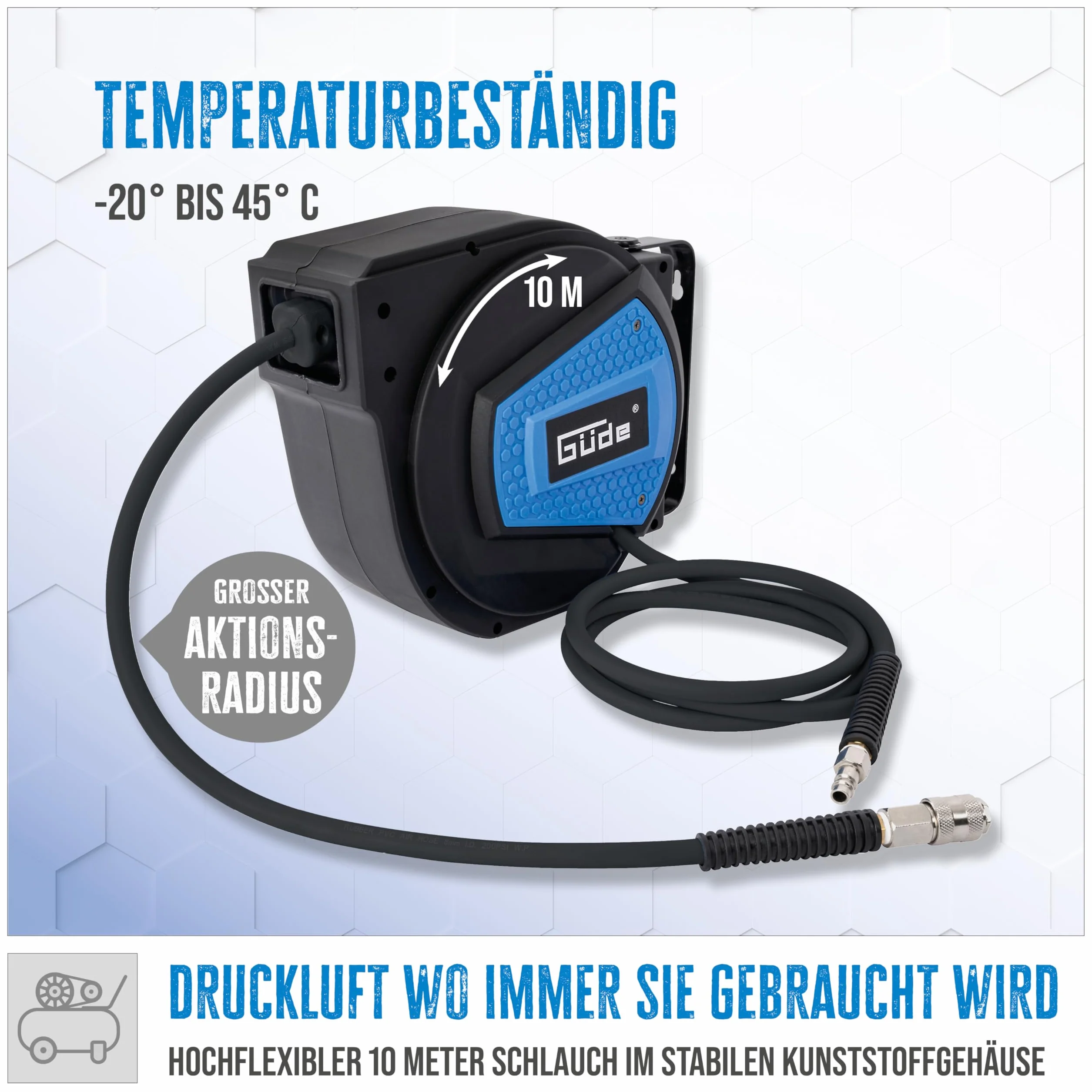Güde Carrete de manguera automático de 10 m (presión de trabajo 12 bar, giratorio 180°, manguera de aire comprimido altamente flexible resistente al aceite y a la temperatura, rosca de conexión de