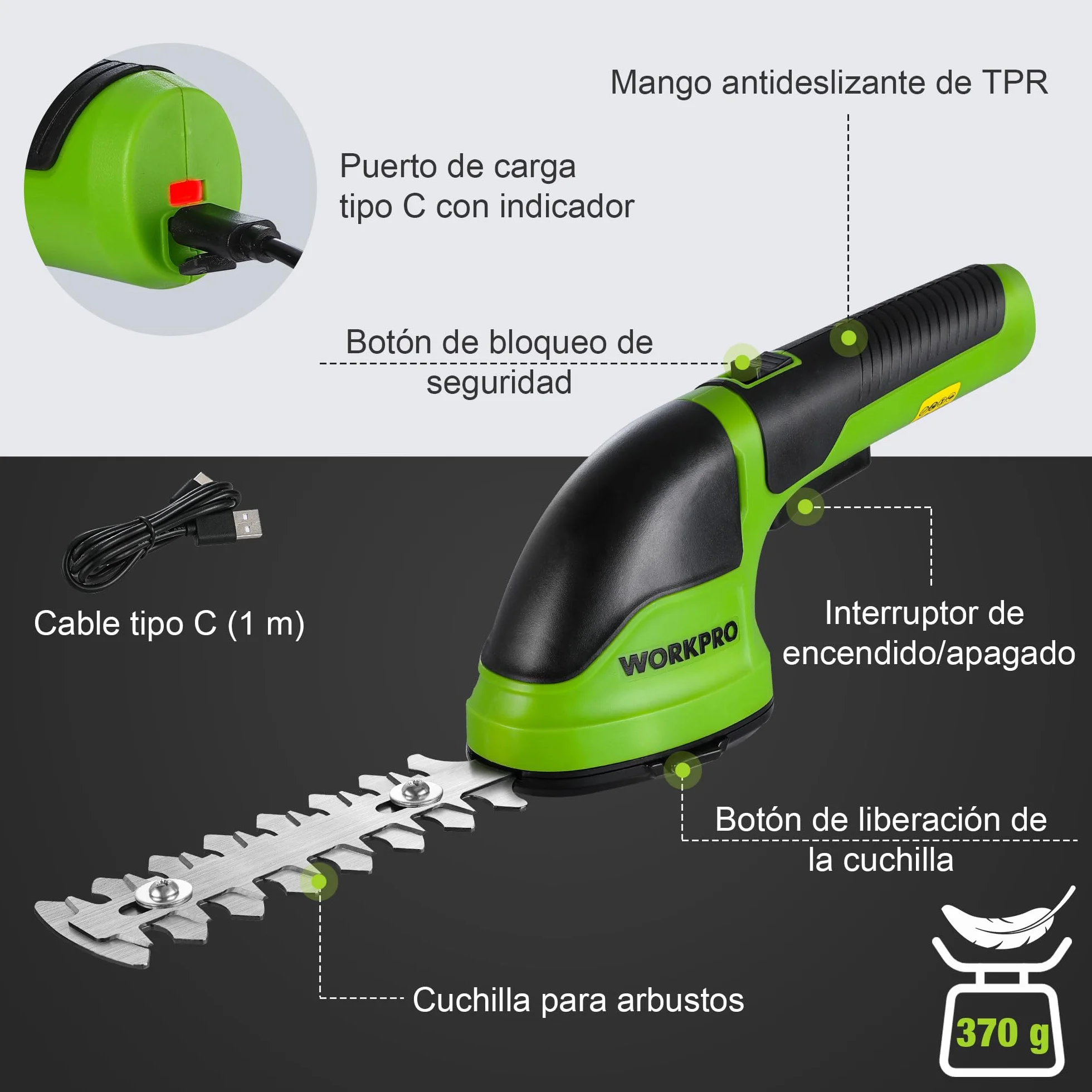WORKPRO Tijeras Cortacésped y Arreglasetos 2 en 1, 3,6 V Cortasetos a Batería 2 Ah, Tijeras Arreglaseto con 2 Tipos de Cuchillas Ancho de Corte 75 mm, 118 mm, Herramienta para Jardín (Verde)