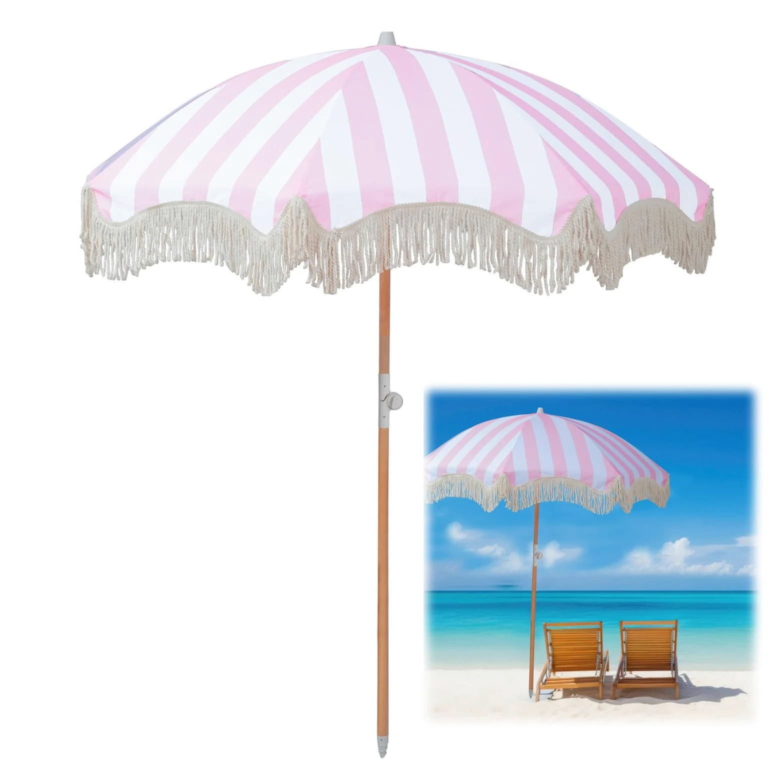 Sombrilla De Playa Grande Antiviento 2m Rosa Sombrillas Terraza Parasol De Jardín Anti UV Parasol Terraza De Jardín Sombrilla Jardin Exterior Con Borlas Para Piscina Balcón Y Césped