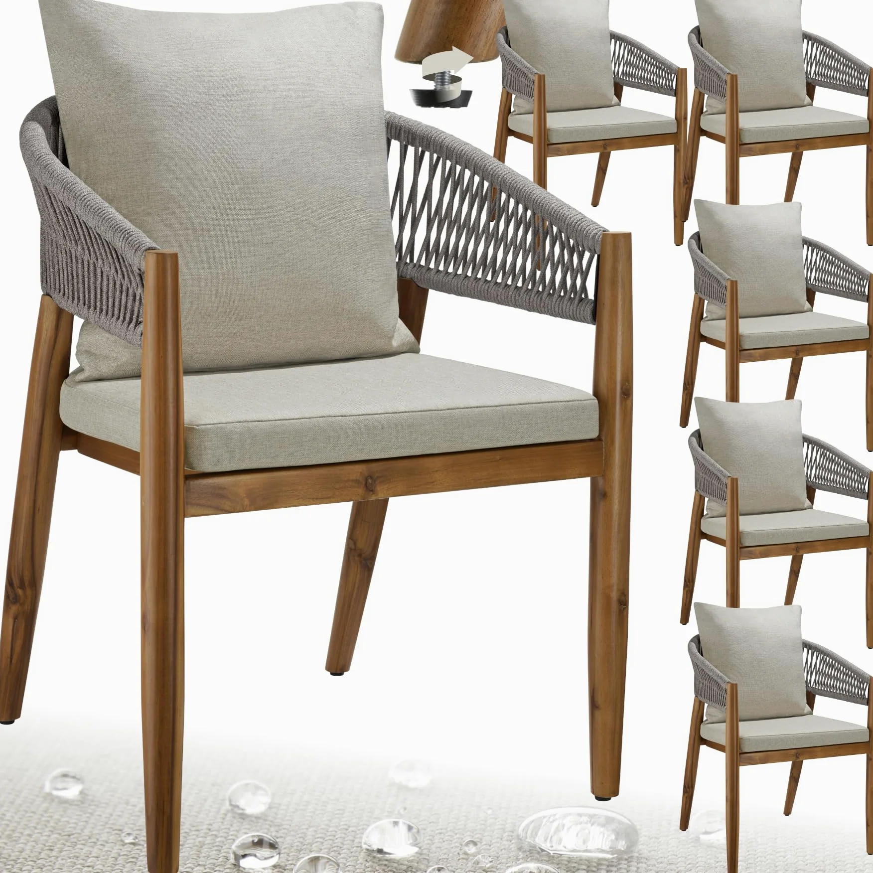 tectake® Silla de Jardín Elegante de Madera Acacia, Respaldo de Cuerda, Sillas Jardin Exterior, Cojines Desmontables, Muebles Terraza Exterior, Silla con Reposabrazos Cómoda - Set de 6 Beige Grisáceo