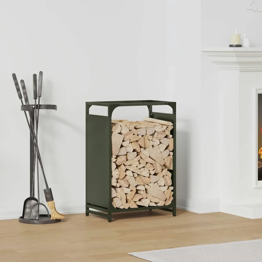 Estantería para leña verde oliva de acero laminado en frío, 44 x 28 x 65 cm, con gran almacenamiento de madera, soporte para leña para interior, terraza y jardín