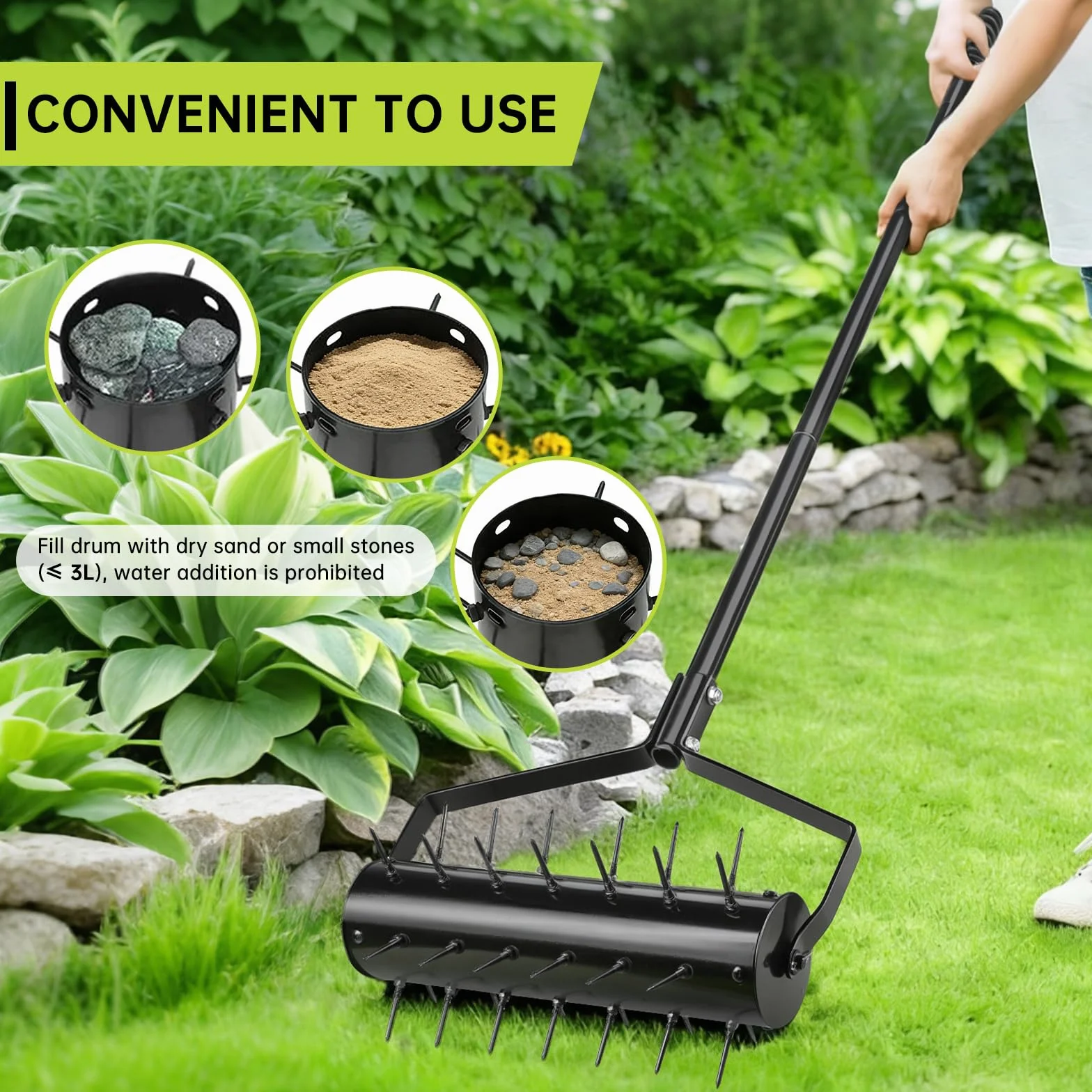 Rodillo Aerificador Manual para Césped 44 x 141 cm – Escarificador Manual con 39 Púas (5,8 cm) y Mango – Rodillo Airificador – Descompactador para Jardín, Patio, Terraza