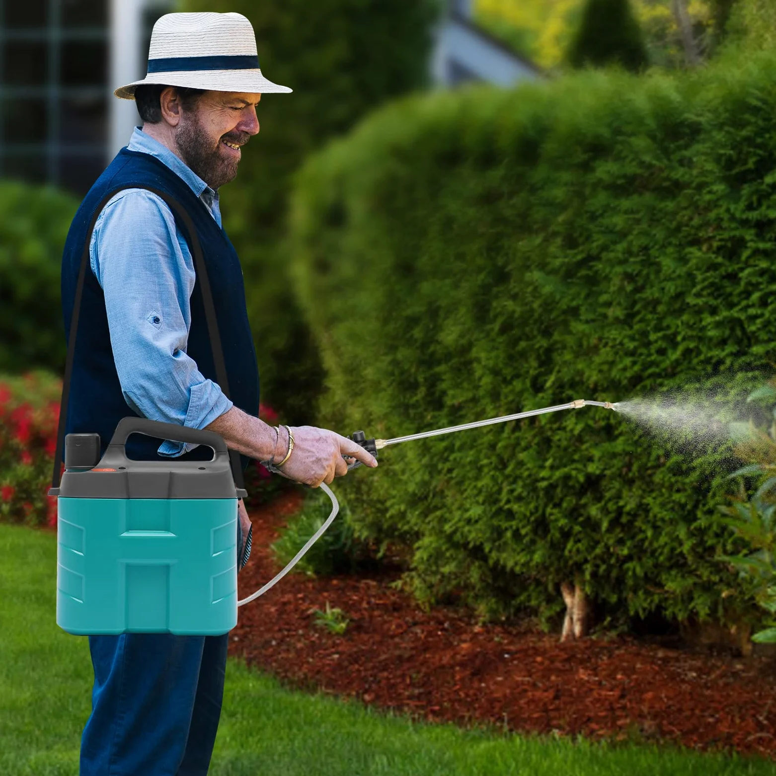 Pulverizador de presión inalámbrico de 8 l, con lanza de pulverización telescópica, 2 modos de columna de agua y niebla fina, rociador de fertilizantes para plantas, con batería de iones de litio y