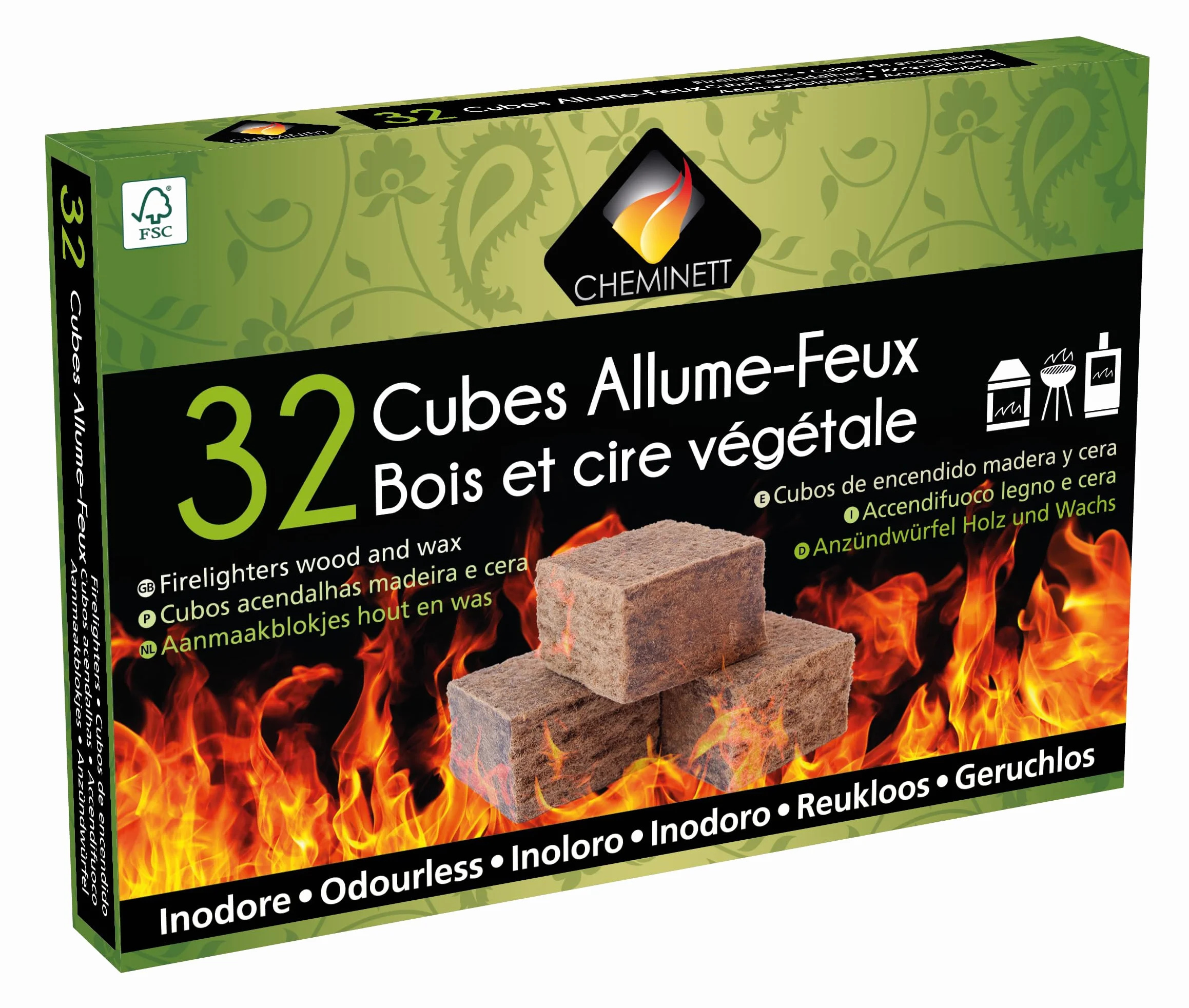15751-32 Cubos Encendido precortados Cheminett naturales para encender chimeneas, estufas y barbacoas
