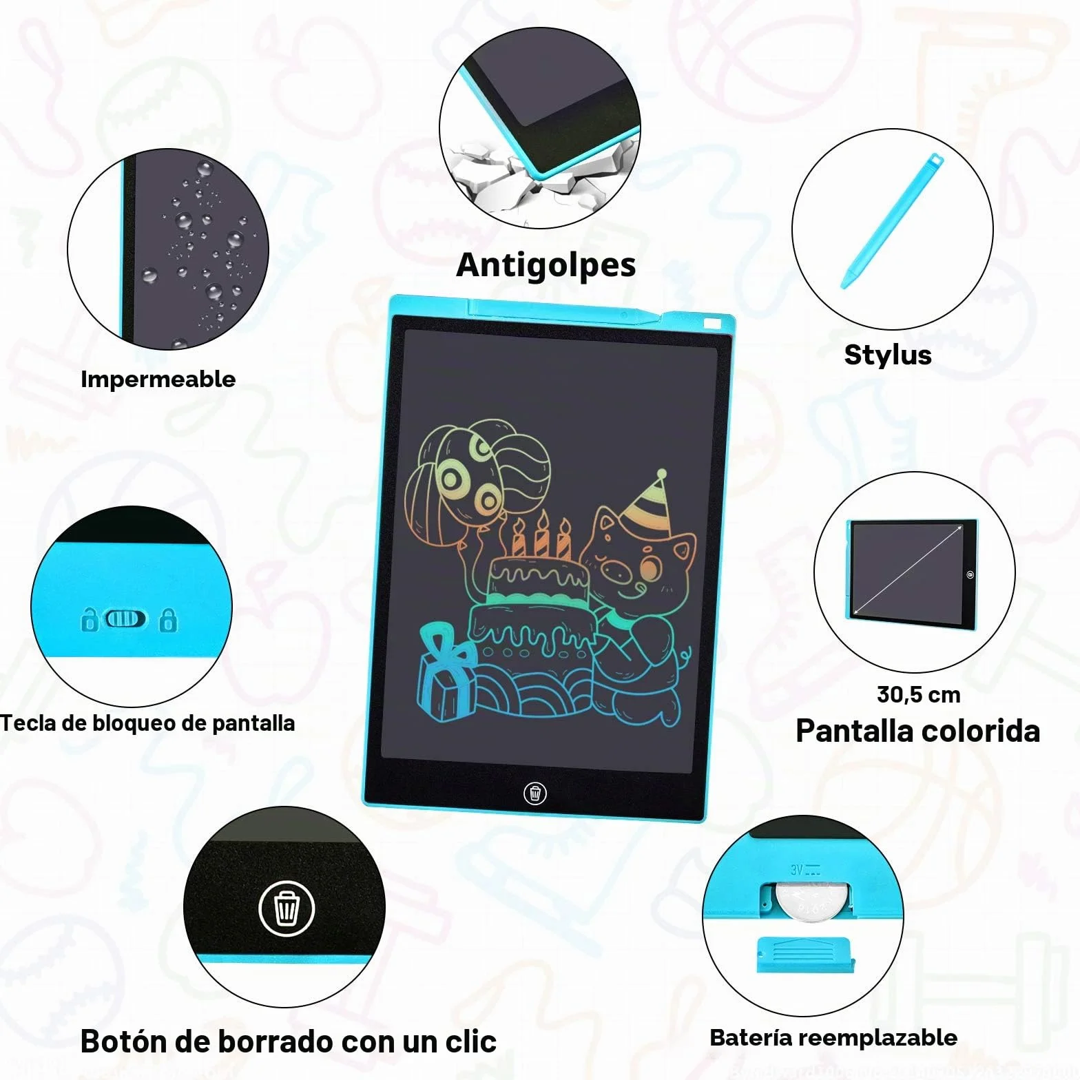 Tableta de Escritura LCD 12 Pulgadas, Tablet de Dibujo Infantil para Hogar, Escuela y Oficina (Azul)