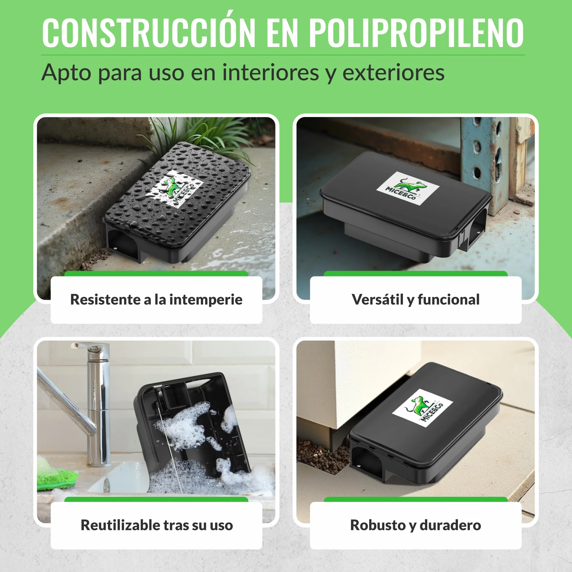 Mice&Co Trampas para Ratas y Ratones Profesionales - Caja Portacebos para Ratas y Ratones | Estación de Cebo Veneno Interior y Exterior | Pack 4 Unidades