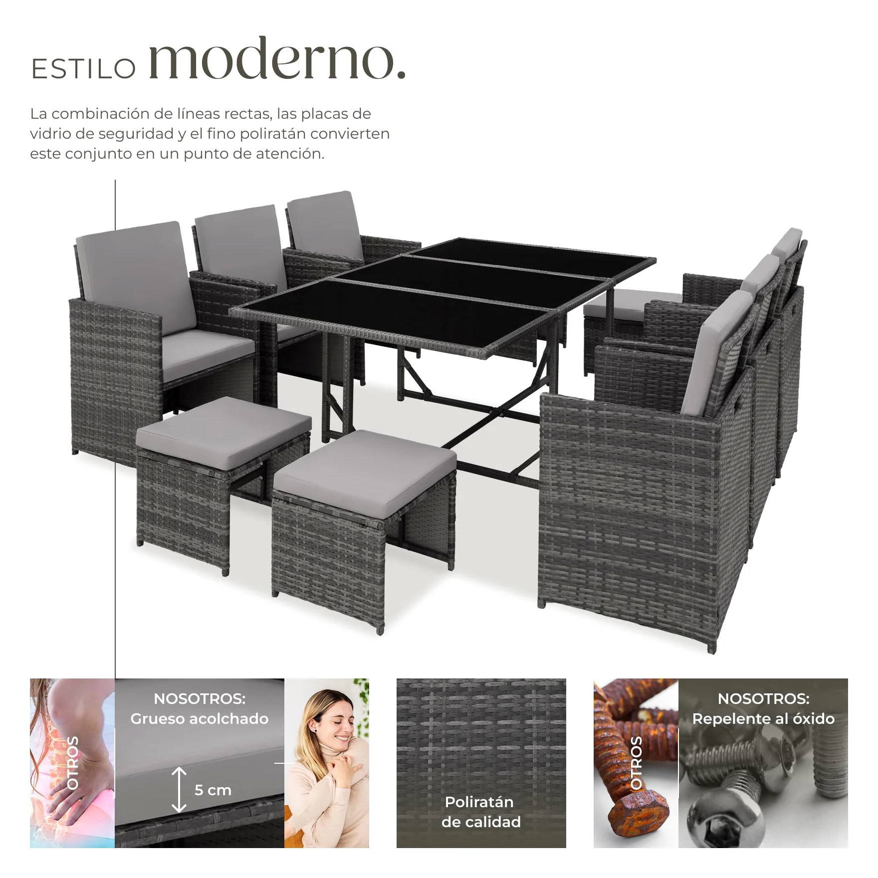 tectake® Conjunto Jardín Exterior de Ratán y Acero, Agrupable en Cubo, Muebles Jardín Exterior Resistente a la Intemperie, para 6-10 Personas, Fundas Extraíbles y Funda Protectora - Gris Claro