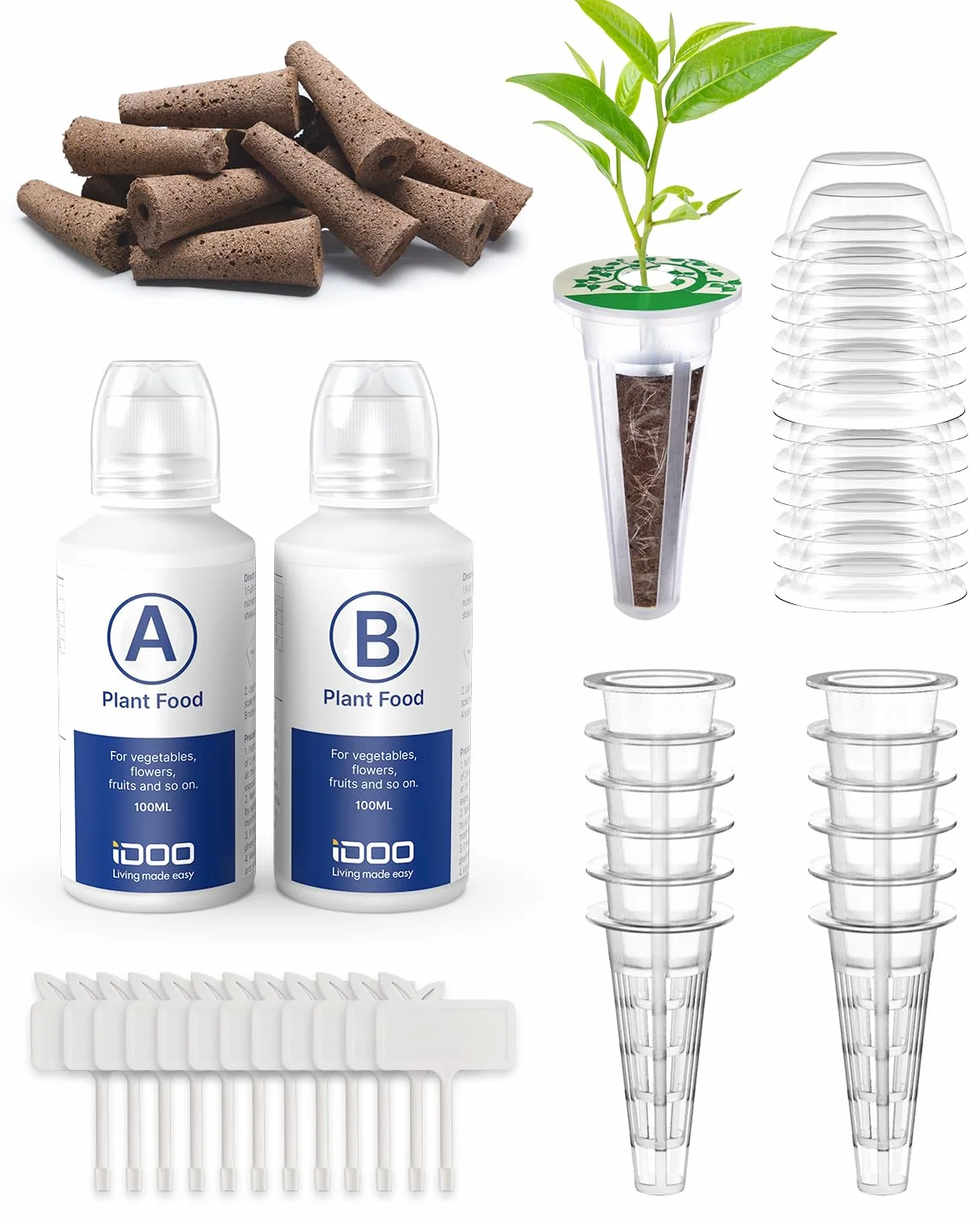 iDOO Accesorios de Hidroponia Kit Completo, Hidroponia, 12 Esponjas de Crecimiento, Kit de 12 Cestas, 12 Tarjetas de Etiqueta, 12 Cúpulas y Nutrientes Sólidos A&B para Sistema de Cultivo Hidroponico