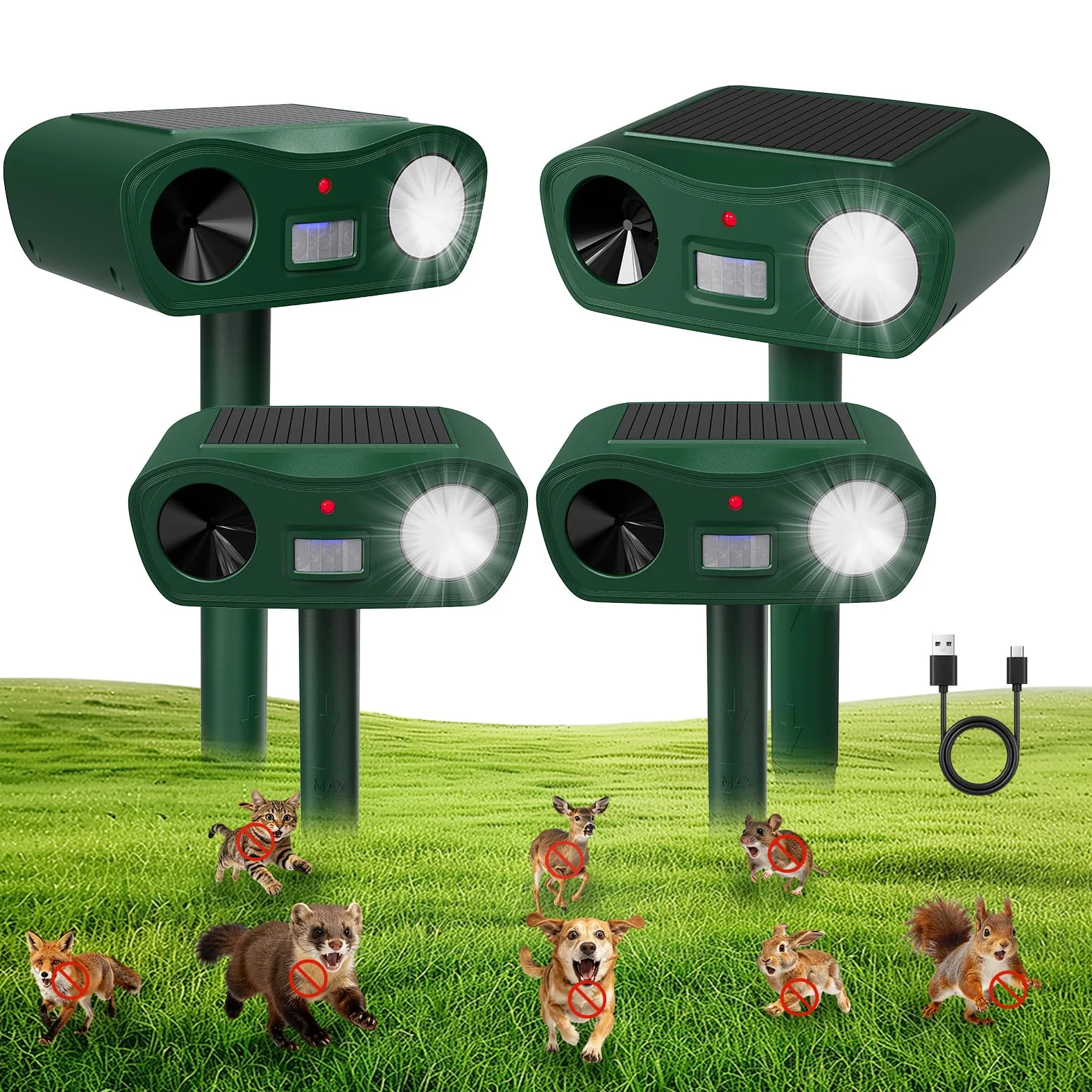 Ahuyentador de gatos ultrasónico solar y relámpago, repelente de topos IPX4, resistente al agua, para jardín, eficaz contra gatos, ratones, perros, pájaros y plagas