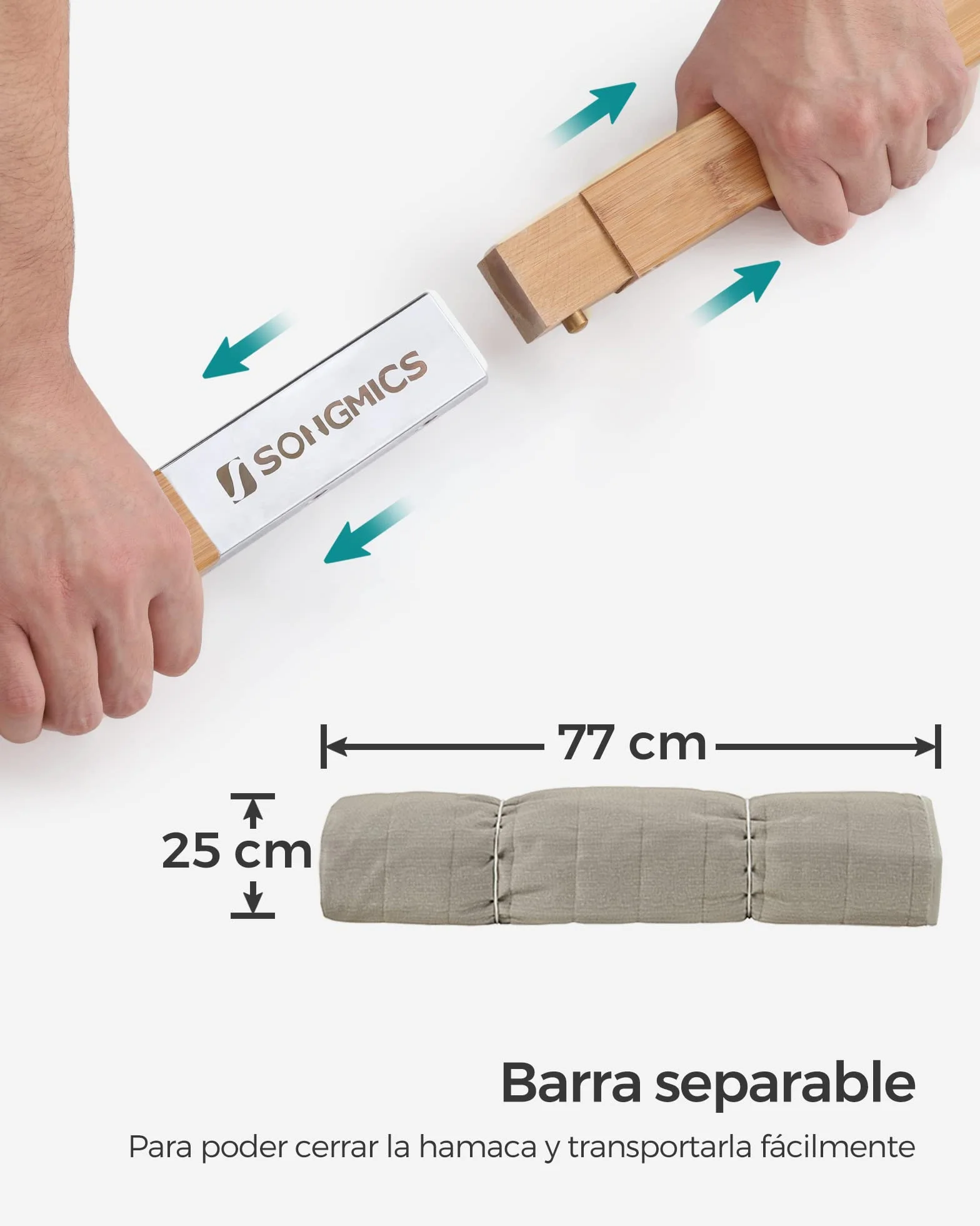 SONGMICS Hamaca Doble Tapizada, Hamaca de Jardín con Barras Curvas de Bambú Separables, con Cojín, para Camping, 200 x 140 cm, Carga de 225 kg, Crema y Beige GDC34BE