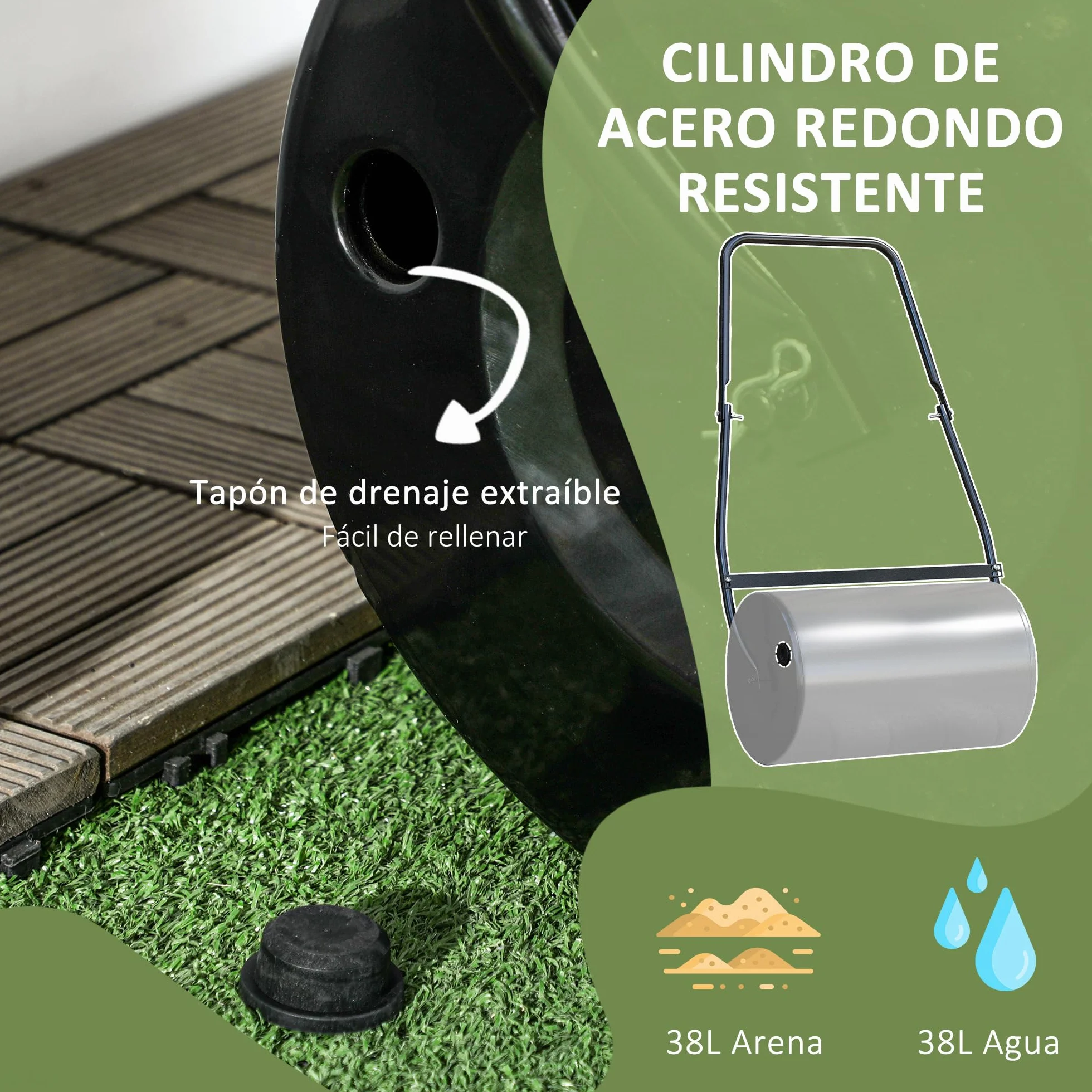DURHAND Rodillo de Césped de Jardín Apisonadora de Césped de Acero 38L Llena de Agua o Arena Medida de Rodillo Φ50x32cm Asa Desmontable