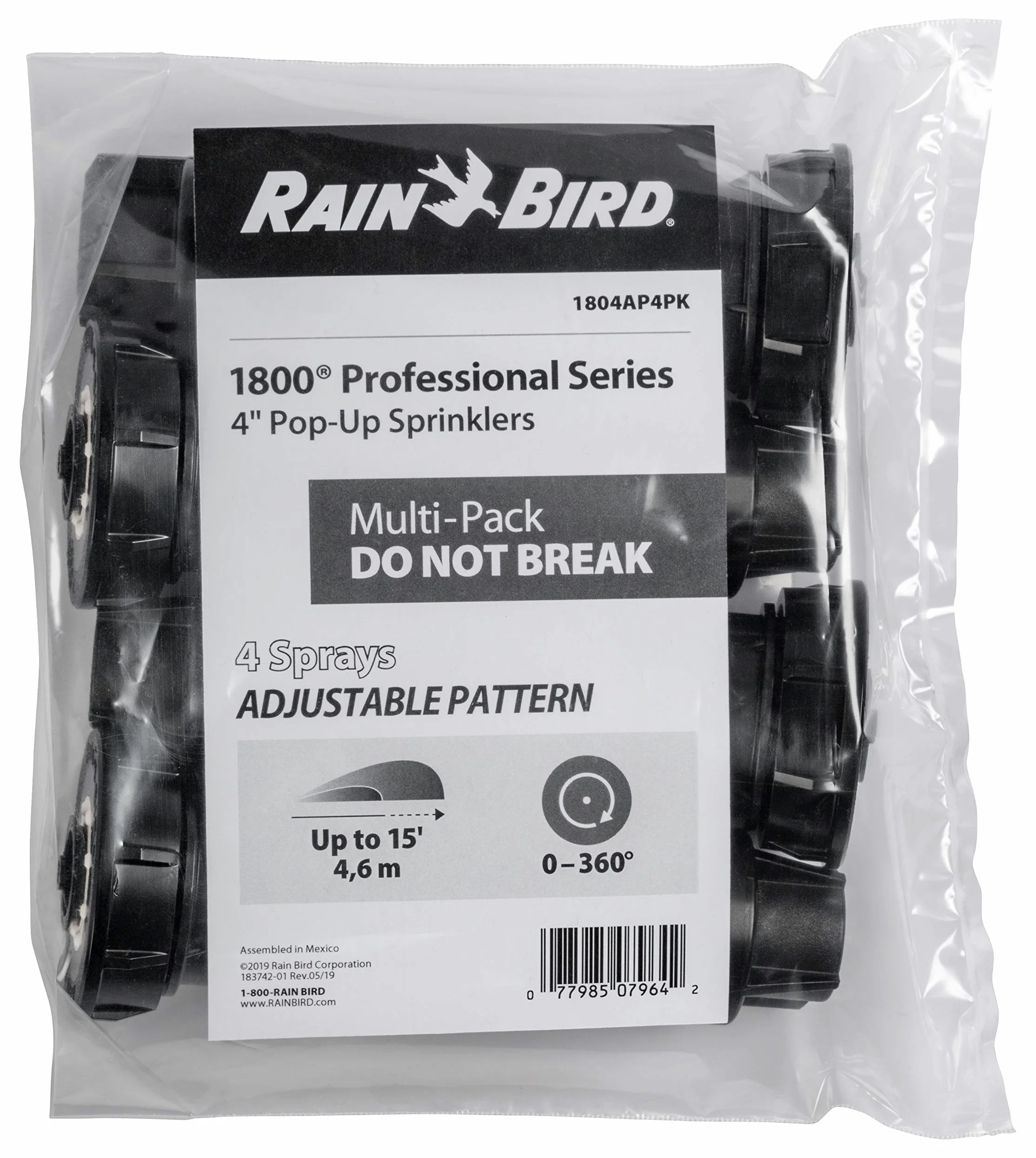 Rain Bird 1804AP4PK - Aspersor desplegable Profesional, patrón Ajustable de 0° a 360°, Distancia de pulverización de 8 a 15 pies, Altura emergente de 4 Pulgadas, Paquete de 4, Color Negro
