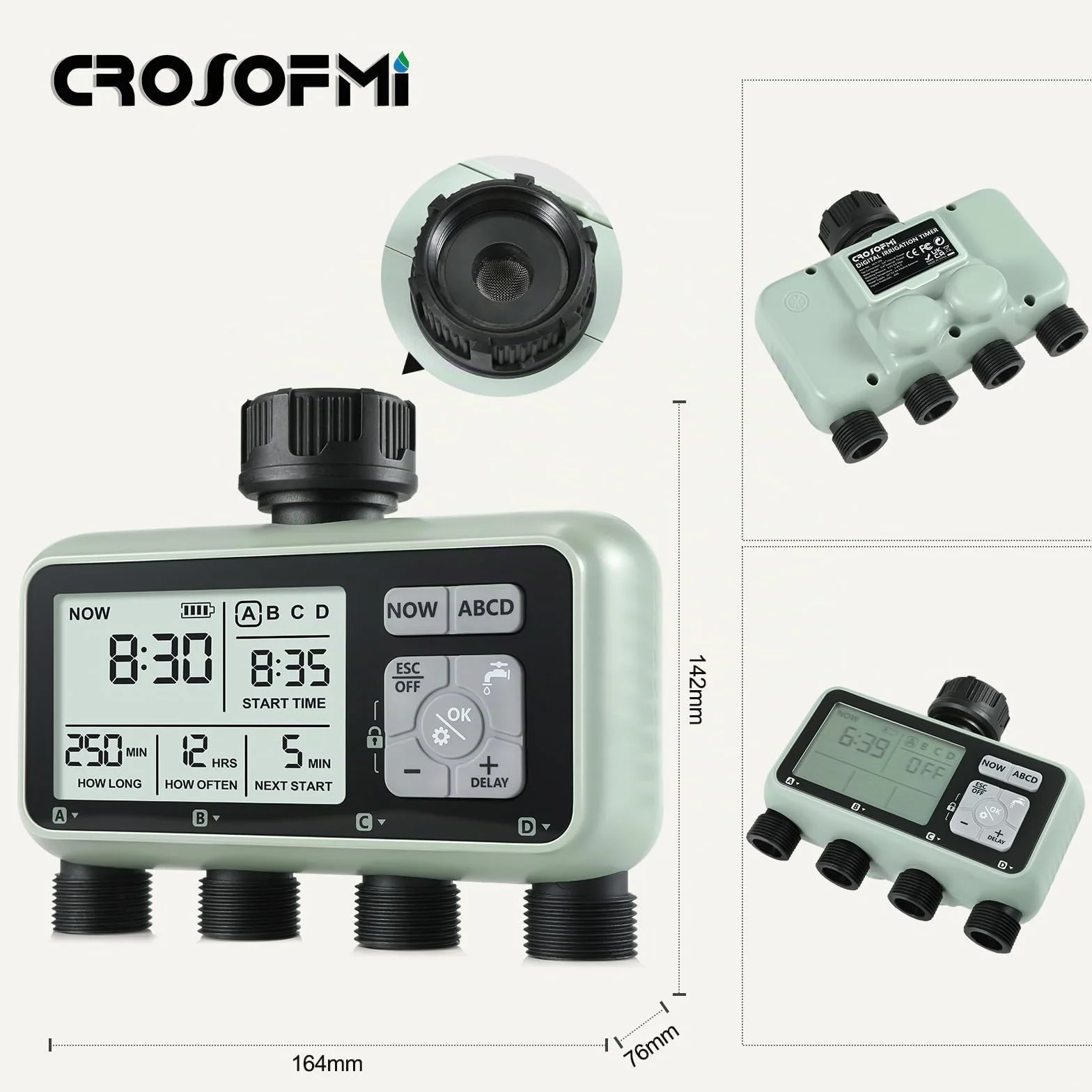 CROSOFMI Programador Riego Automatico Jardin Temporizador Riego con 4 Salidas Independientes Pantalla LCD/Operación fácil/Bloqueo para niños/Retraso por Lluvia intensa/Riego Manual