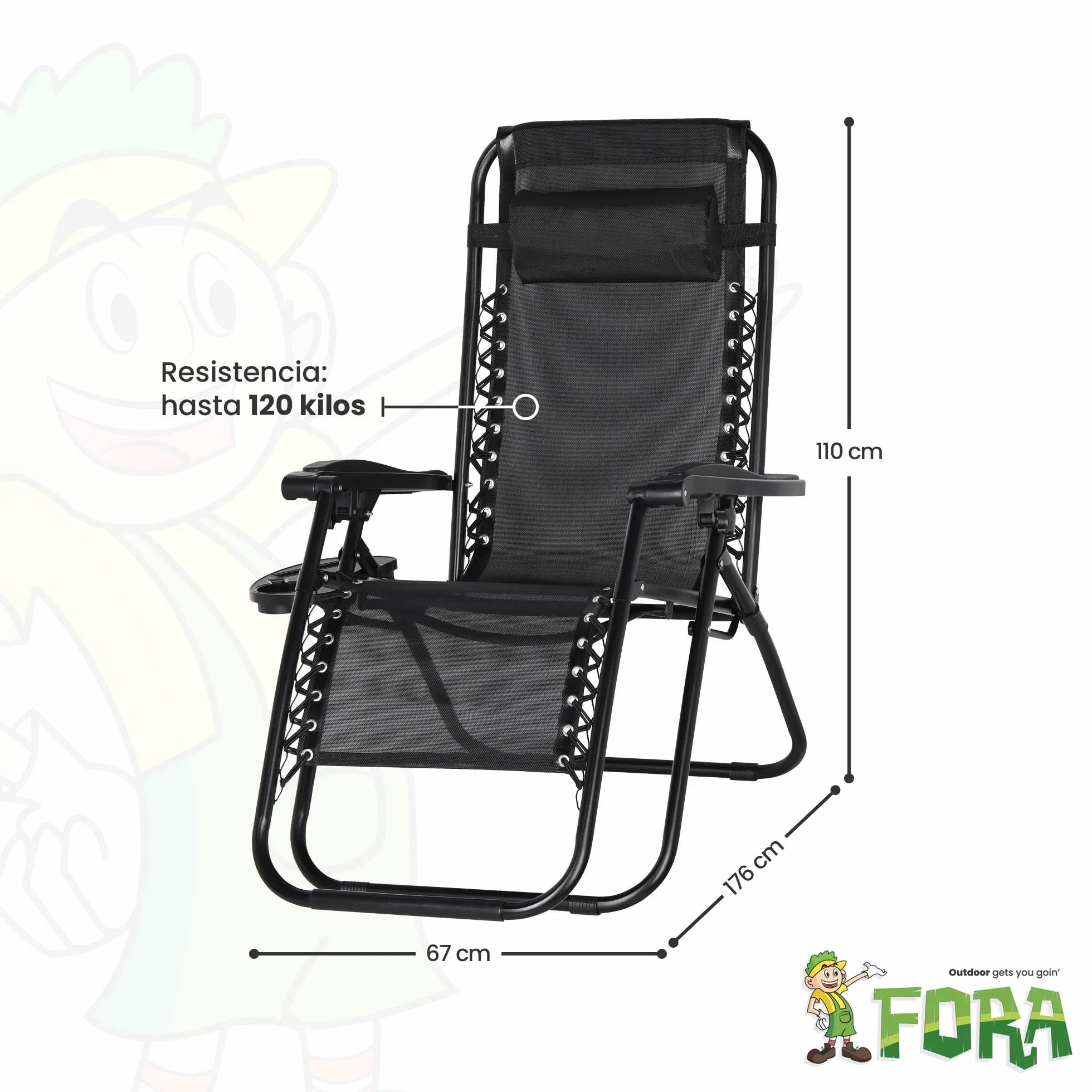 FORA Pack 2 Tumbonas Jardín Exterior Plegables – 176×67×110 Cm, Tubo 25mm y Tejido Transpirable, Color Negro, Reclinables con Bloqueo de Seguridad, Cojín Incluido, Plegado Rápido, 120Kg