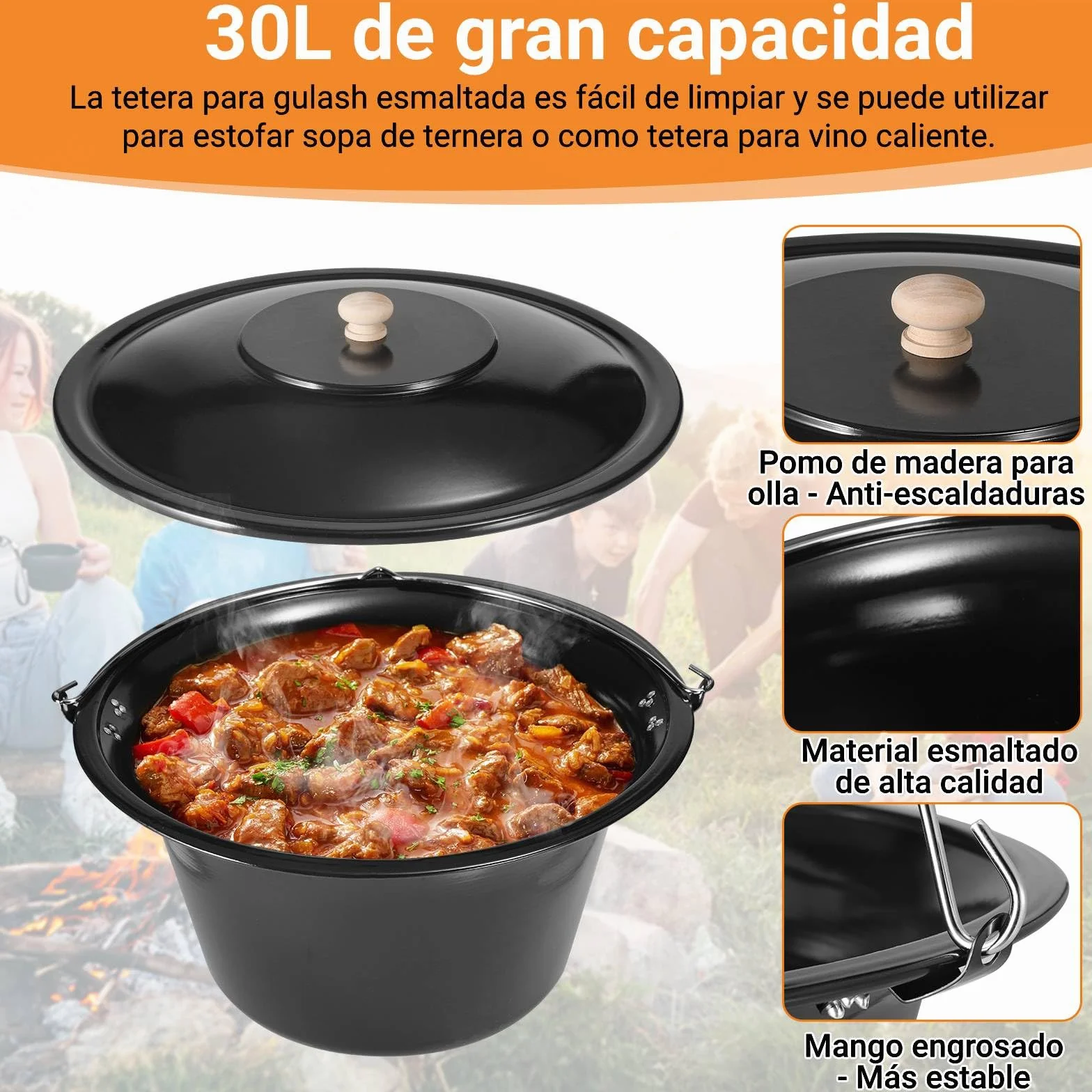 Hervidor para Goulash de 30L con Trípode y Cuchara, Hervidor para Gulash Original Húngaro, Olla para Gulash Esmaltada, con Cadena de Altura Ajustable, Juego de Olla para Gulash, para 25-30 Personas
