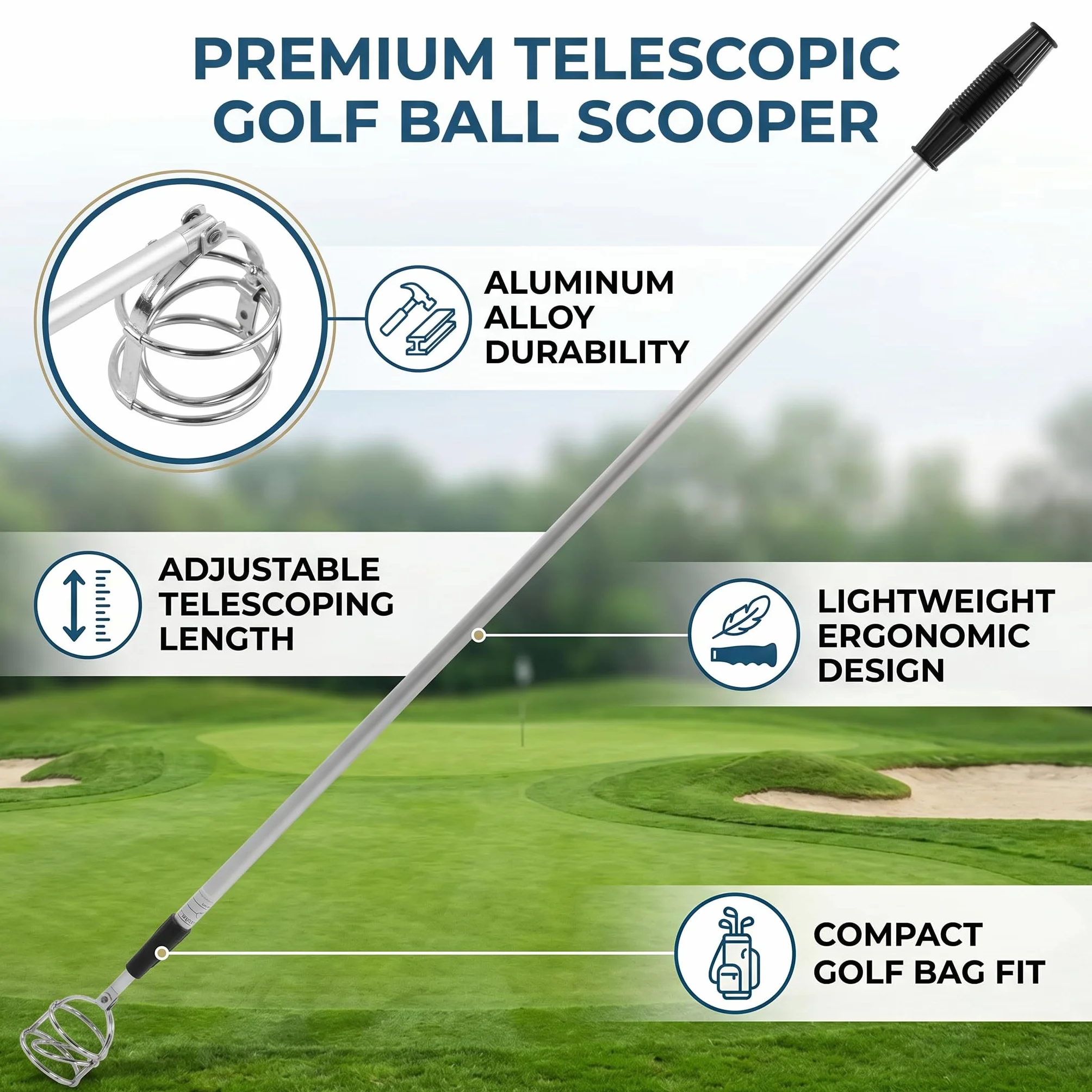 Recogedor de Pelotas de Golf Telescópico de Aluminio de 3 Secciones