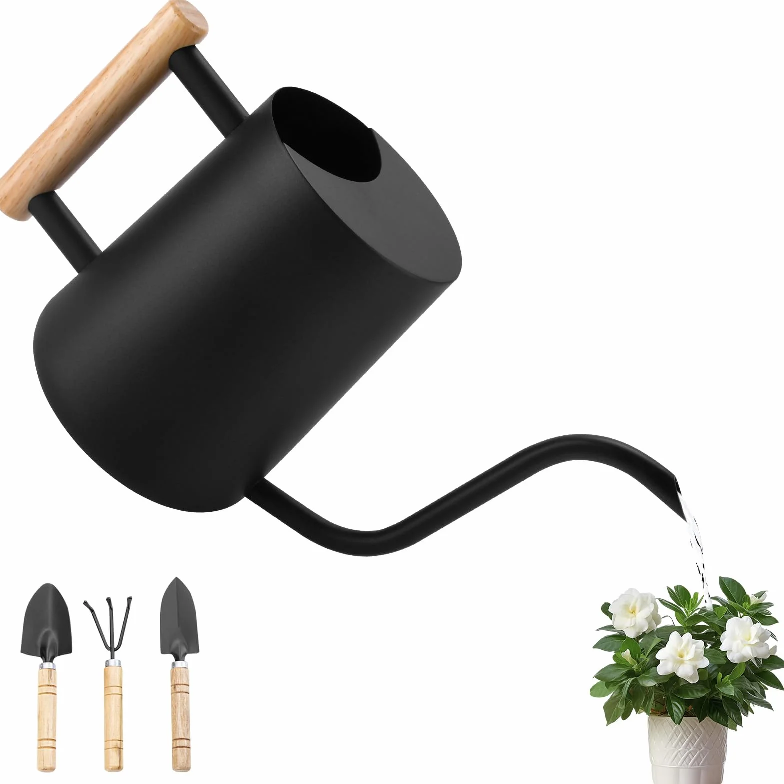 Regadera Pequeña de 1L,Regadera para Plantas de Interior con Caño Largo y Pequeñas Herramientas de Jardinería,Mango de Madera,Regaderas de Acero Inoxidable para Plantas en Maceta y Suculentas