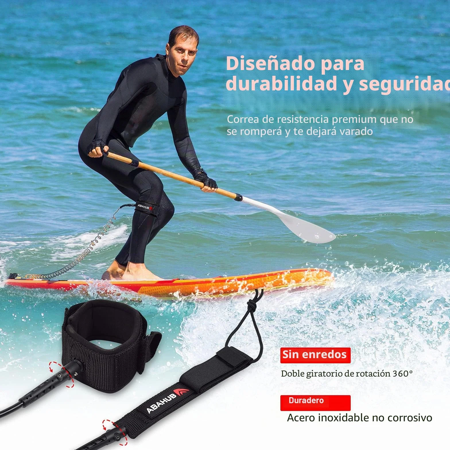 Abahub Sup Leash 10ft 7mm Correa Tabla Surf Safety Line Negro Azul Naranja Verde Amarillo Blanco Transparente Rojo