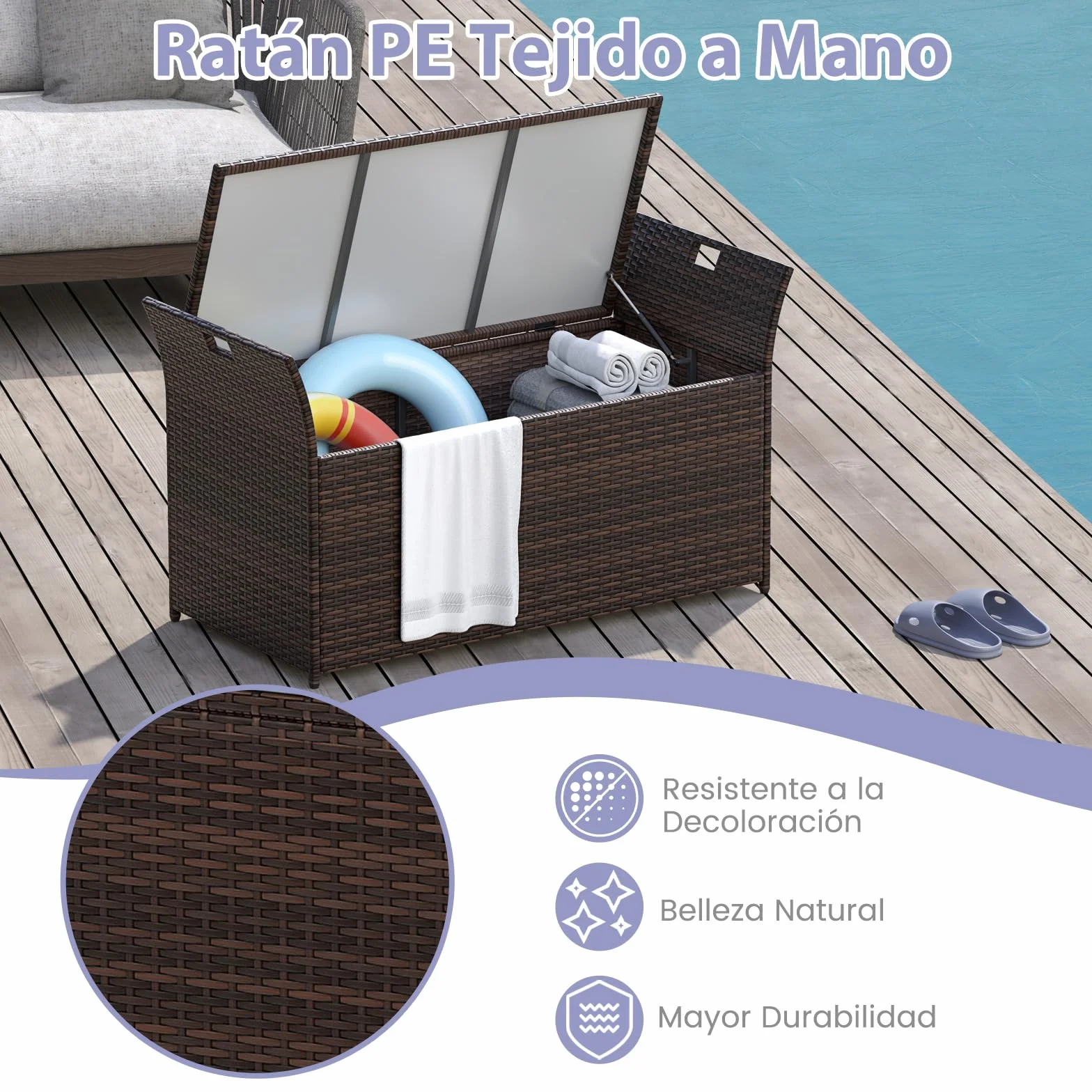 COSTWAY Banco Exterior con Ratán PE, Banco Almacenaje Exterior con Cojín y Manijas Laterales, Baul Almacenaje,125 x 56 x 71 cm, Marrón Rústico