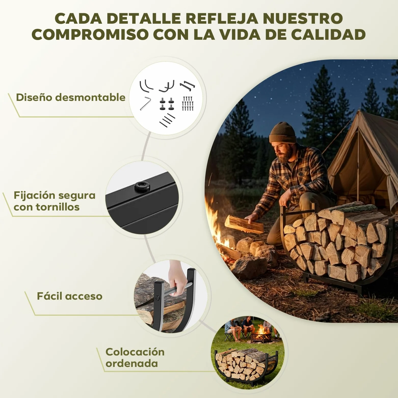 Estantería para Leña de Metal | Almacenamiento de Leña para Interior y Exterior | Soporte para Chimenea, Jardín, Camping y Autocaravana | Fácil Montaje, Negro