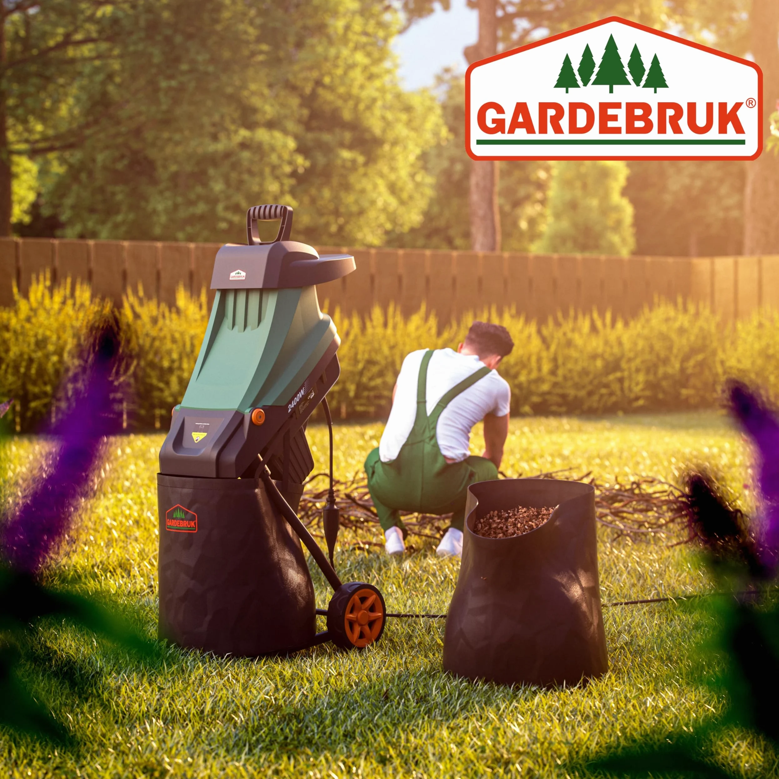 GARDEBRUK® Trituradora de Ramas Ø45mm, Triturador Electrico Jardin, Corta Troncos Leña, 2400W, Bolsa de Recolección 50L, Cuchillas de Acero, Residuos