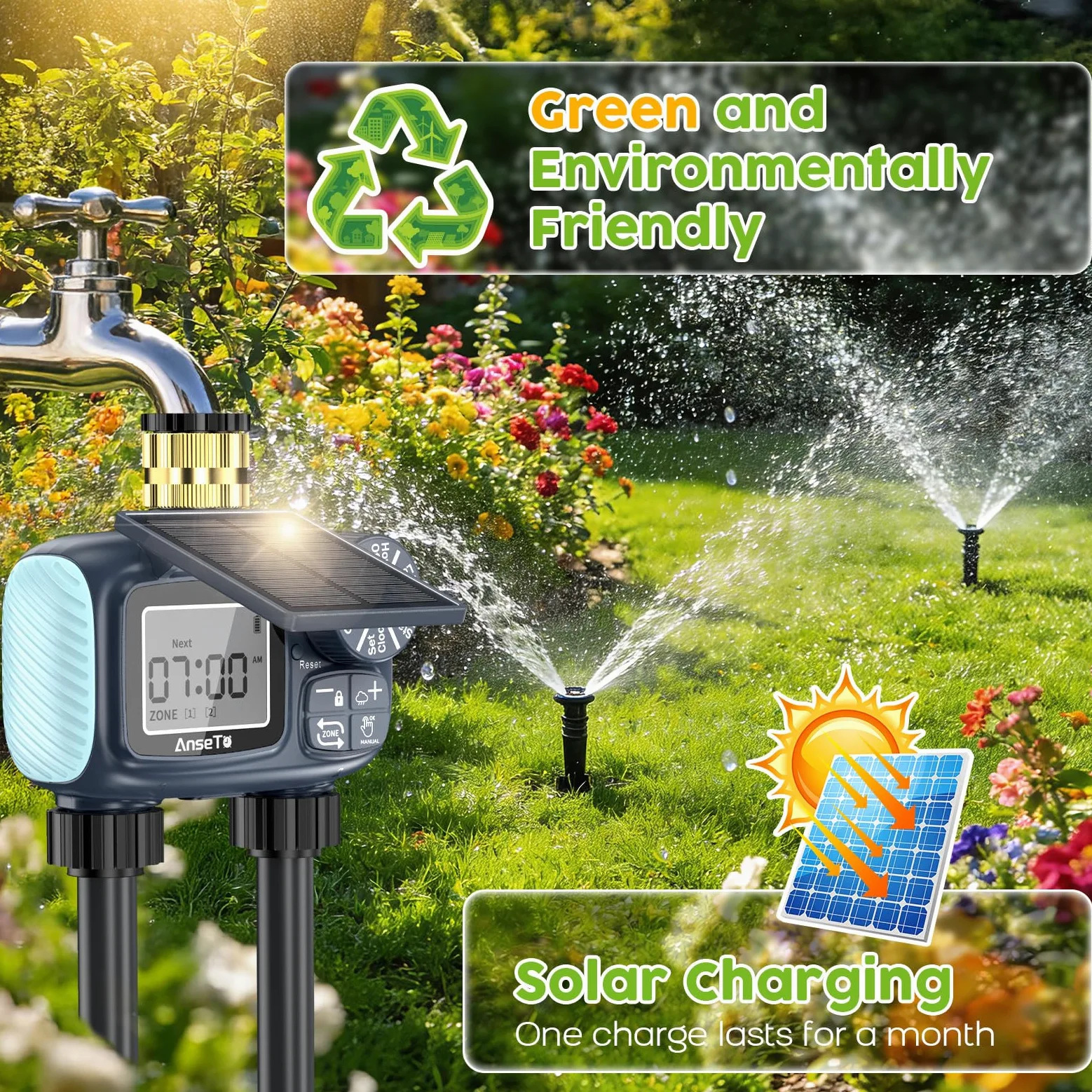 Programador de Riego Solar 2 Salidas, Sistema de Riego Inteligente Ajustable Carga Solar Tipo C para Jardín