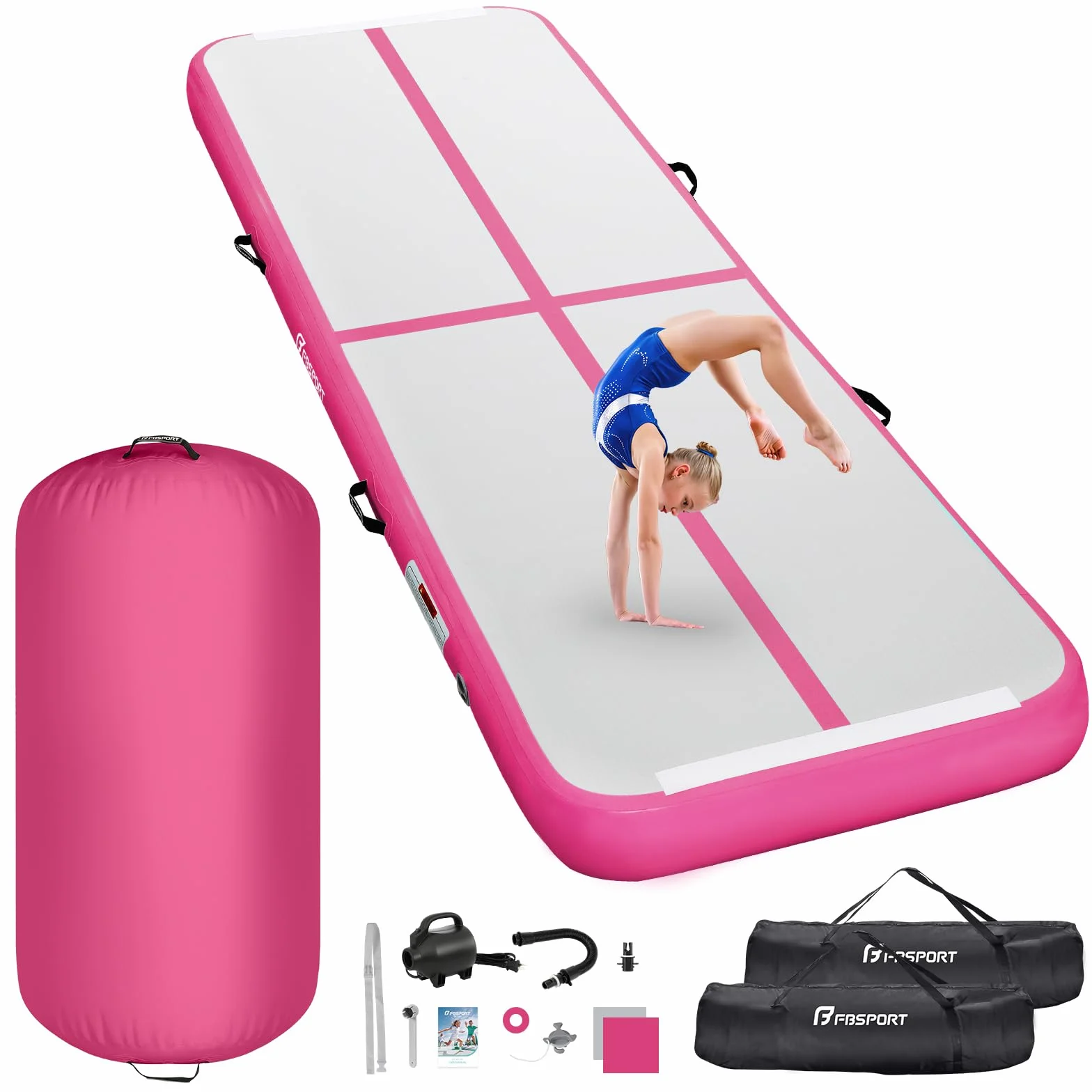 FBSPORT Colchoneta hinchable 4 m Air Roller 60 cm bomba aire 10 cm alto esterilla entrenamiento gimnasia yoga