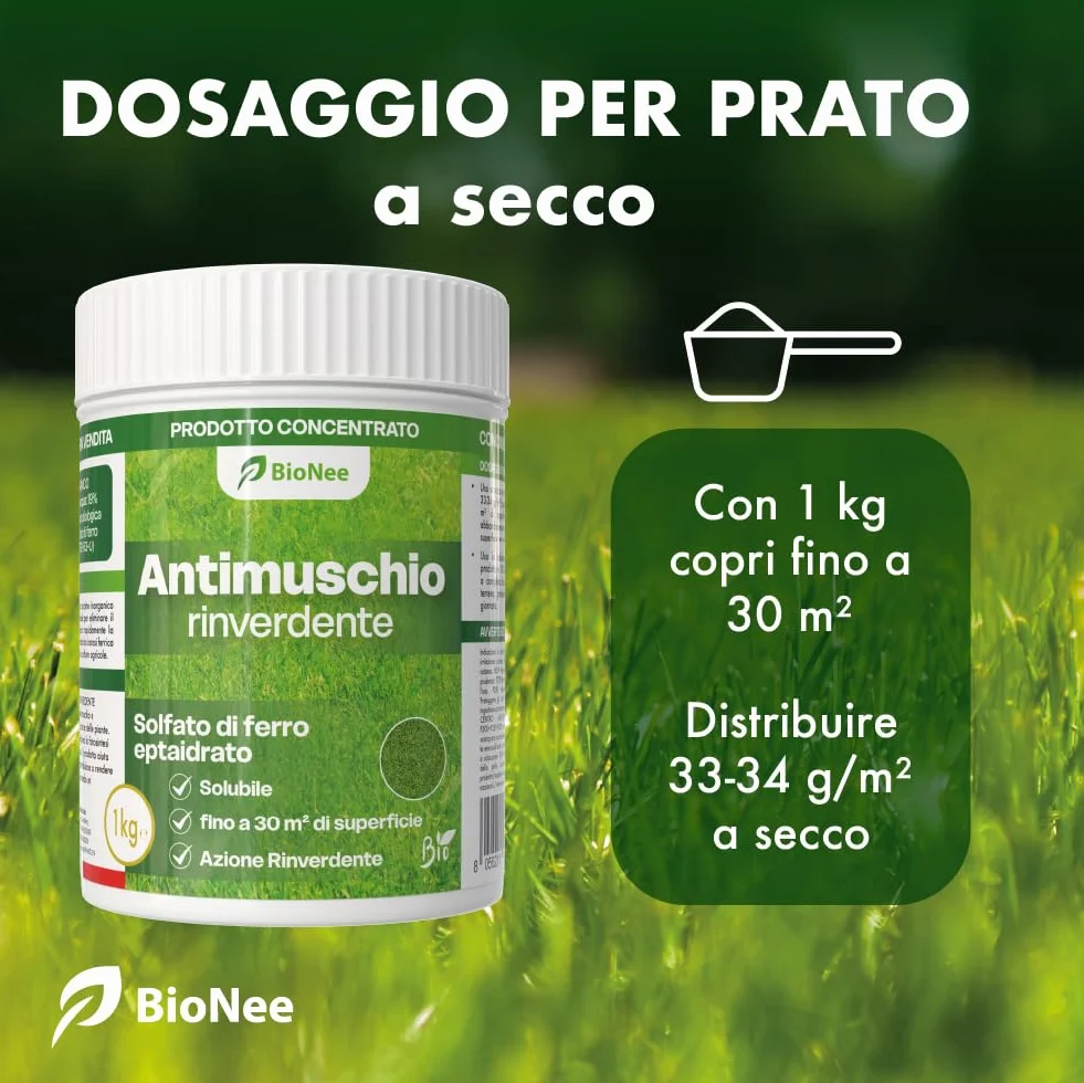 Antimusgo revitalizante 1 kg – Sulfato de hierro concentrado – Acción rápida contra musgo, clorosis férrica y reverdecimiento del césped – Permitido en agricultura biológica
