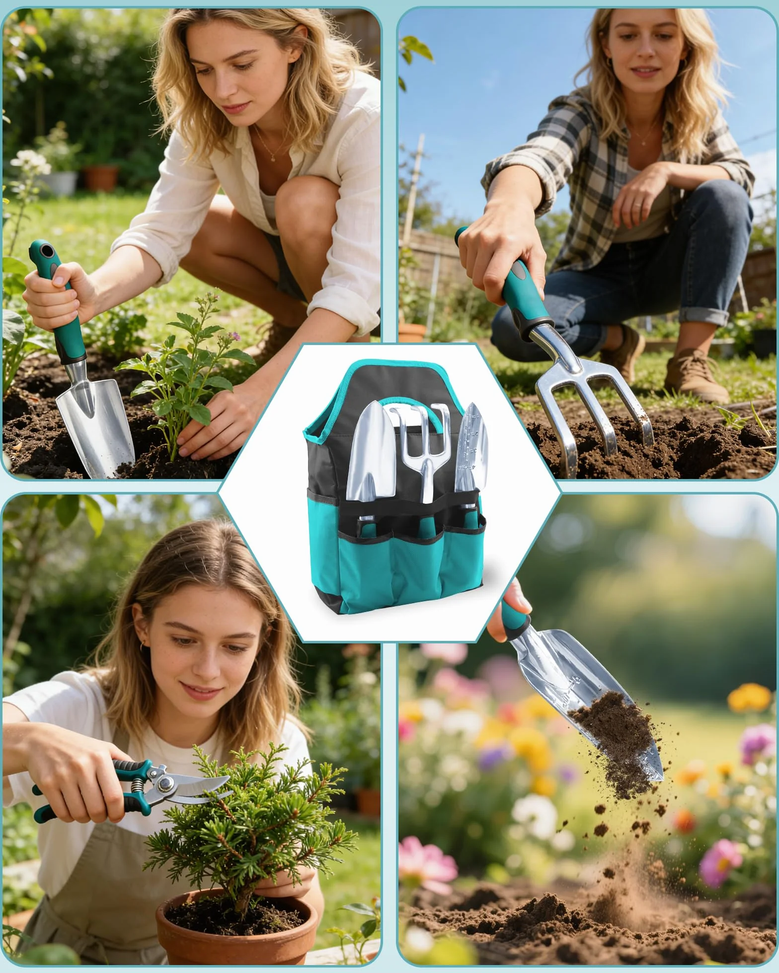 7 Piezas Juego de Herramientas de Jardinería con Mango Ergonómico – Kit de Herramientas de Jardín Anti-Rust con Bolsa de Almacenamiento – Regalo Ideal para Jardinería