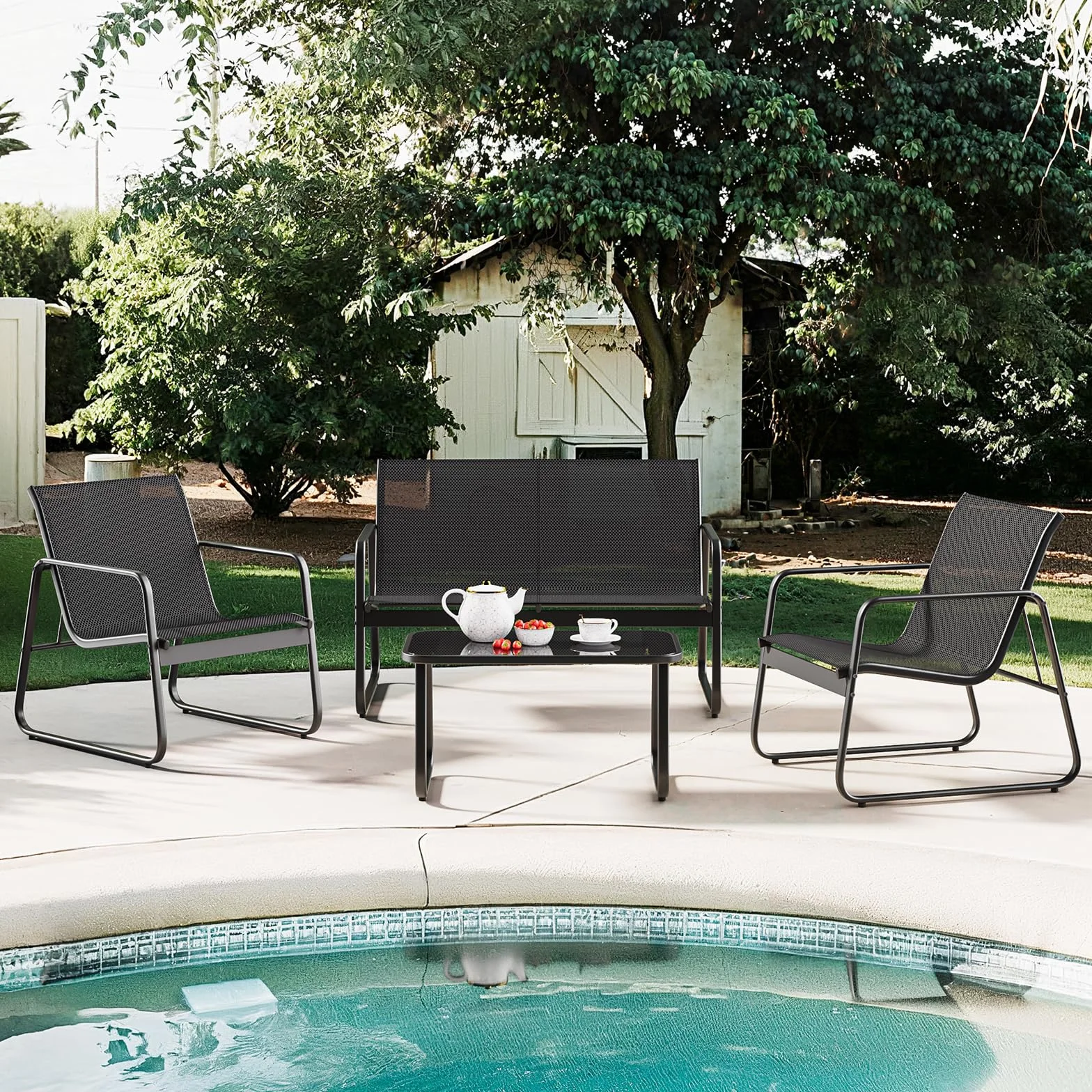 Bealife Conjunto de Muebles de Jardín 4 Piezas, Patio Tela Teslin, 3 Sillones y 1 Mesa de Vidrio, Negro