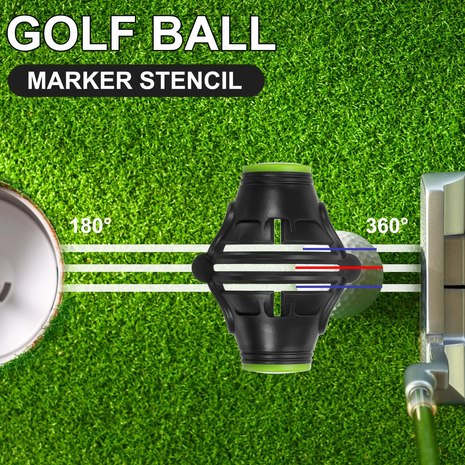 PATIKIL Plantilla para Marcar Bolas de Golf 360 Grados Herramienta de Marcado de Alineación Triple Track Negro/Verde