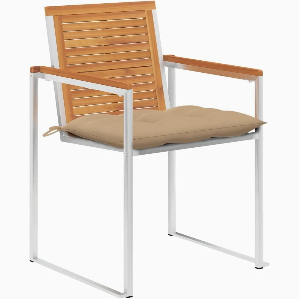 Juego de 8 sillas de jardín con cojines de madera maciza de acacia y acero inoxidable – Juego de sillas de jardín de madera de acacia con cojines para patio y jardín